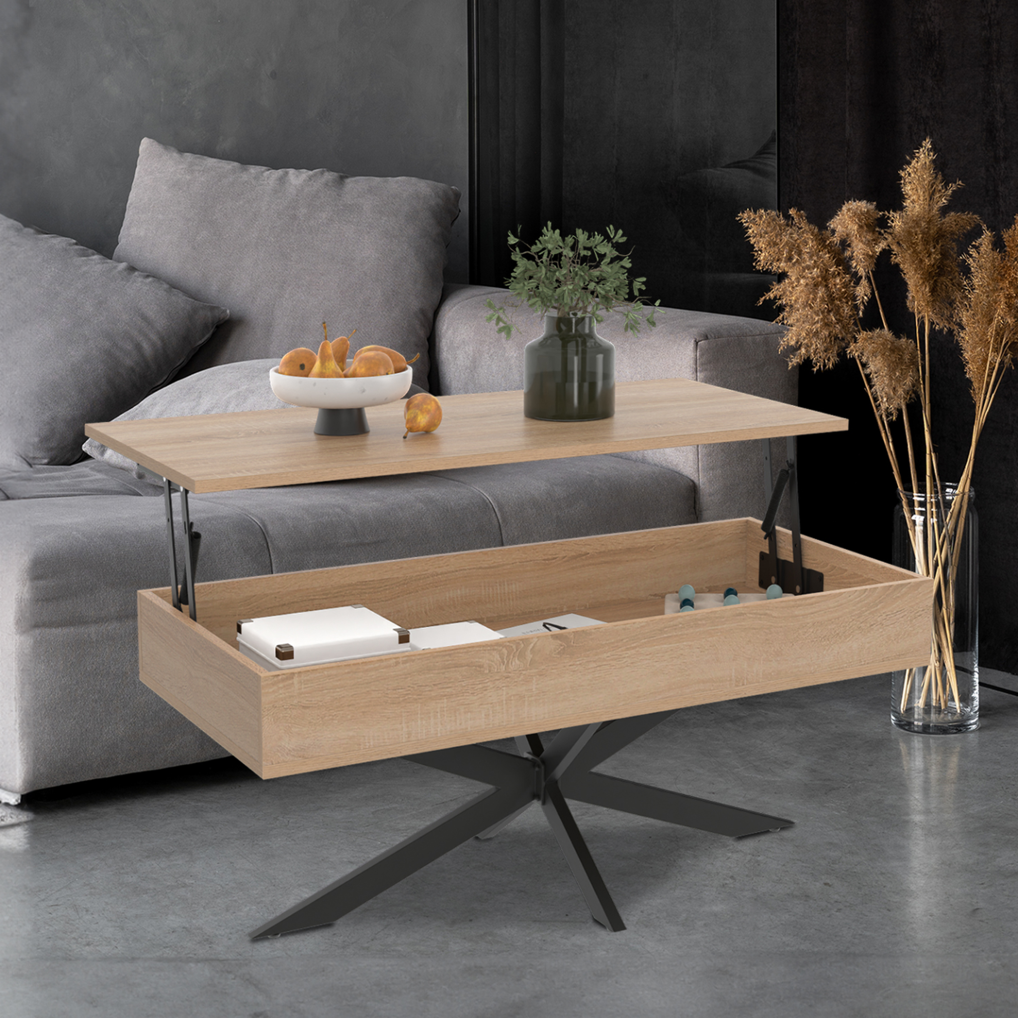 Voir la diapositive 2 : ID MARKET Table basse plateau relevable rectangulaire alix 100 cm pied araignée bois et noir