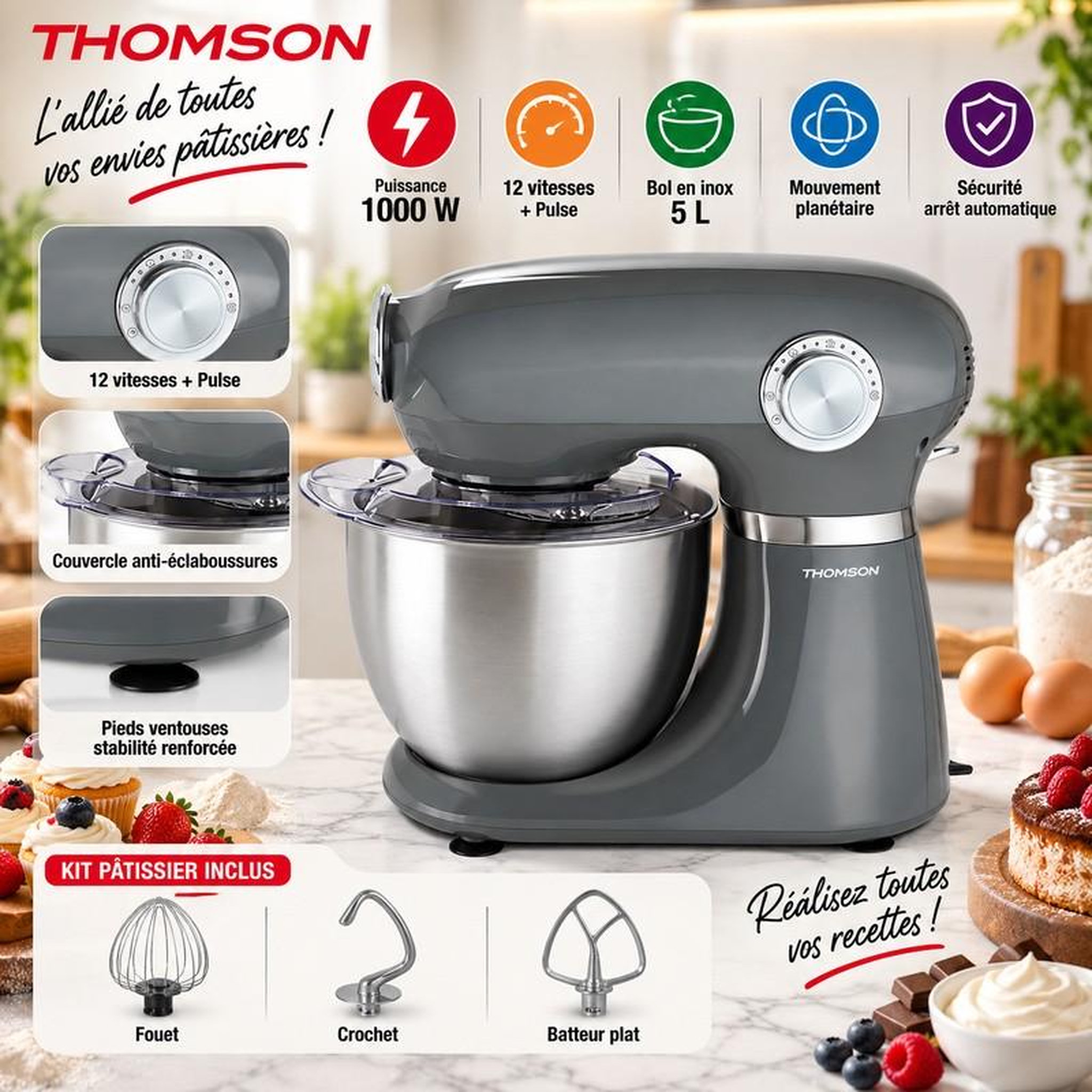 Voir la diapositive 2 : THOMSON Thomson - Robot Pâtissier Thfp3510g - 1000 W 5 L 12 Vitesses - Kit Pâtisserie