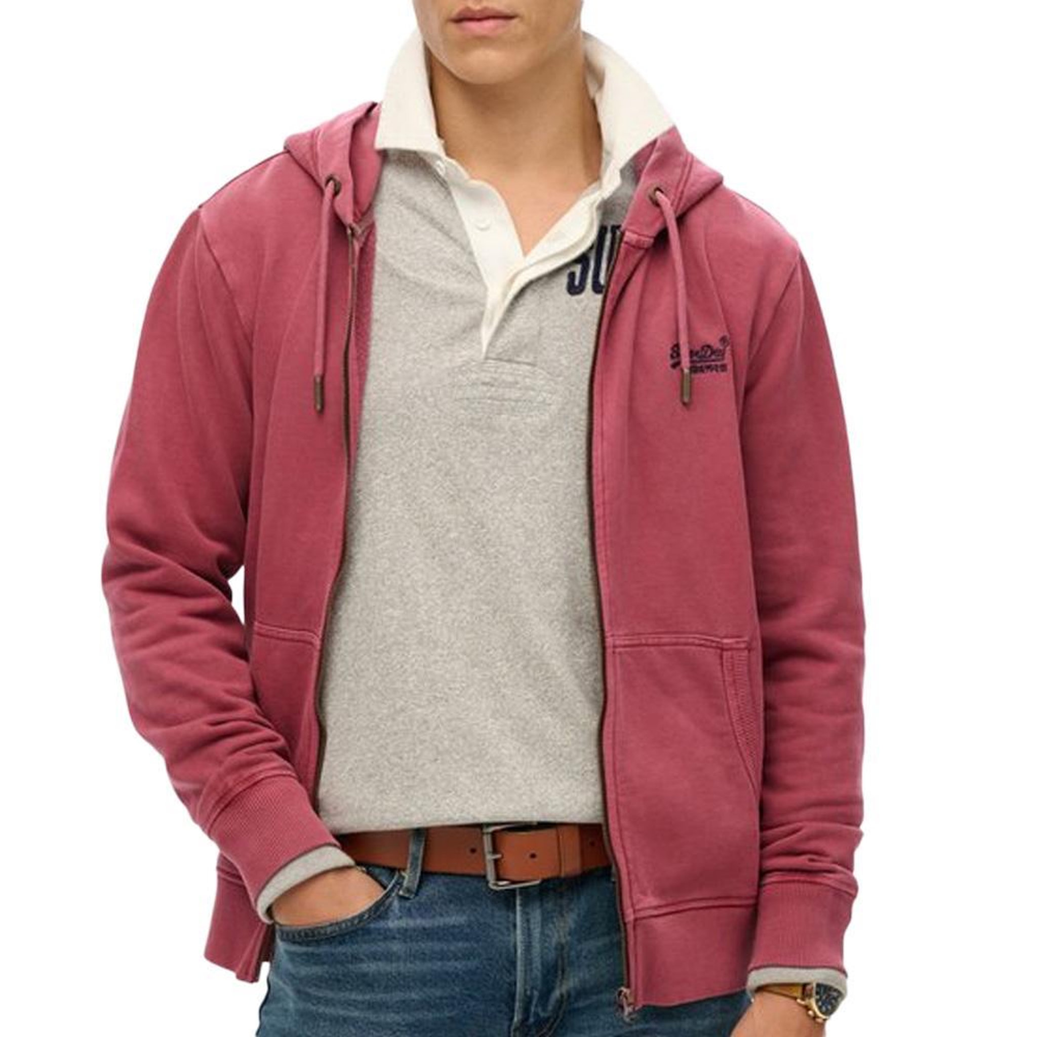 SUPERDRY Sweat Zippé Bordeaux Homme Superdry Essential Washed Ziphood. Coloris disponibles : Rouge