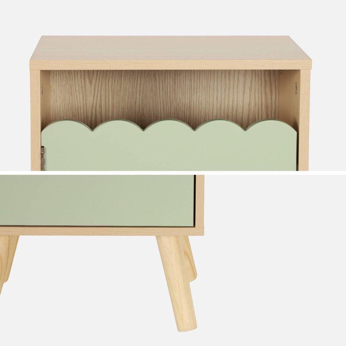 SWEEEK Table de chevet enfant décor bois vert 1 porte. pieds bois de pin - 34 x 23.5 x 52 cm  - Azur