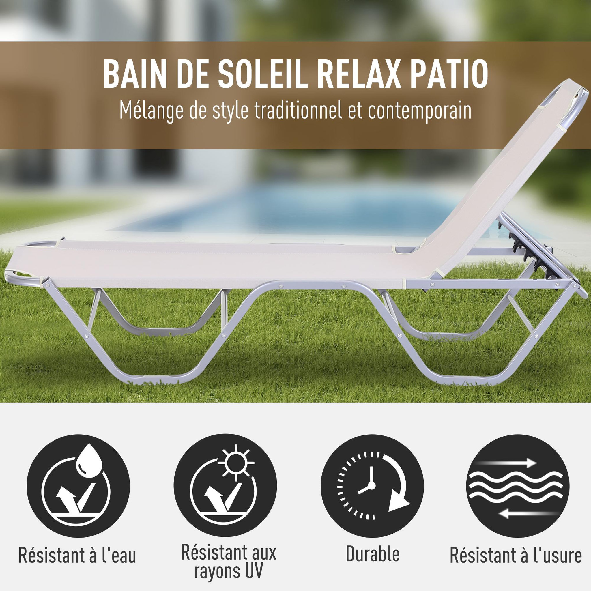 Voir la diapositive 4 : OUTSUNNY Bain de soleil transat design contemporain dossier inclinable multi-positions alu textilène crème