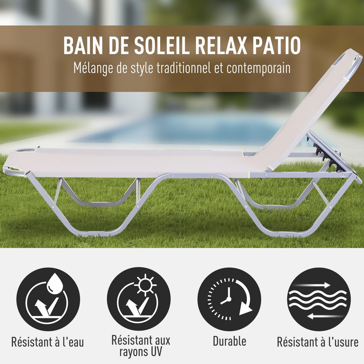 OUTSUNNY Bain de soleil transat design contemporain dossier inclinable multi-positions alu textilène crème