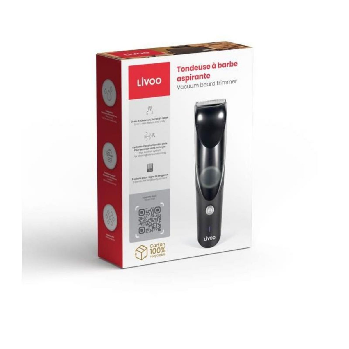 LIVOO Tondeuse aspirante sans fil LIVOO - Cheveux / barbe et corps -3 sabots - 50 min d'autonomie - 5 W / 600 mAh