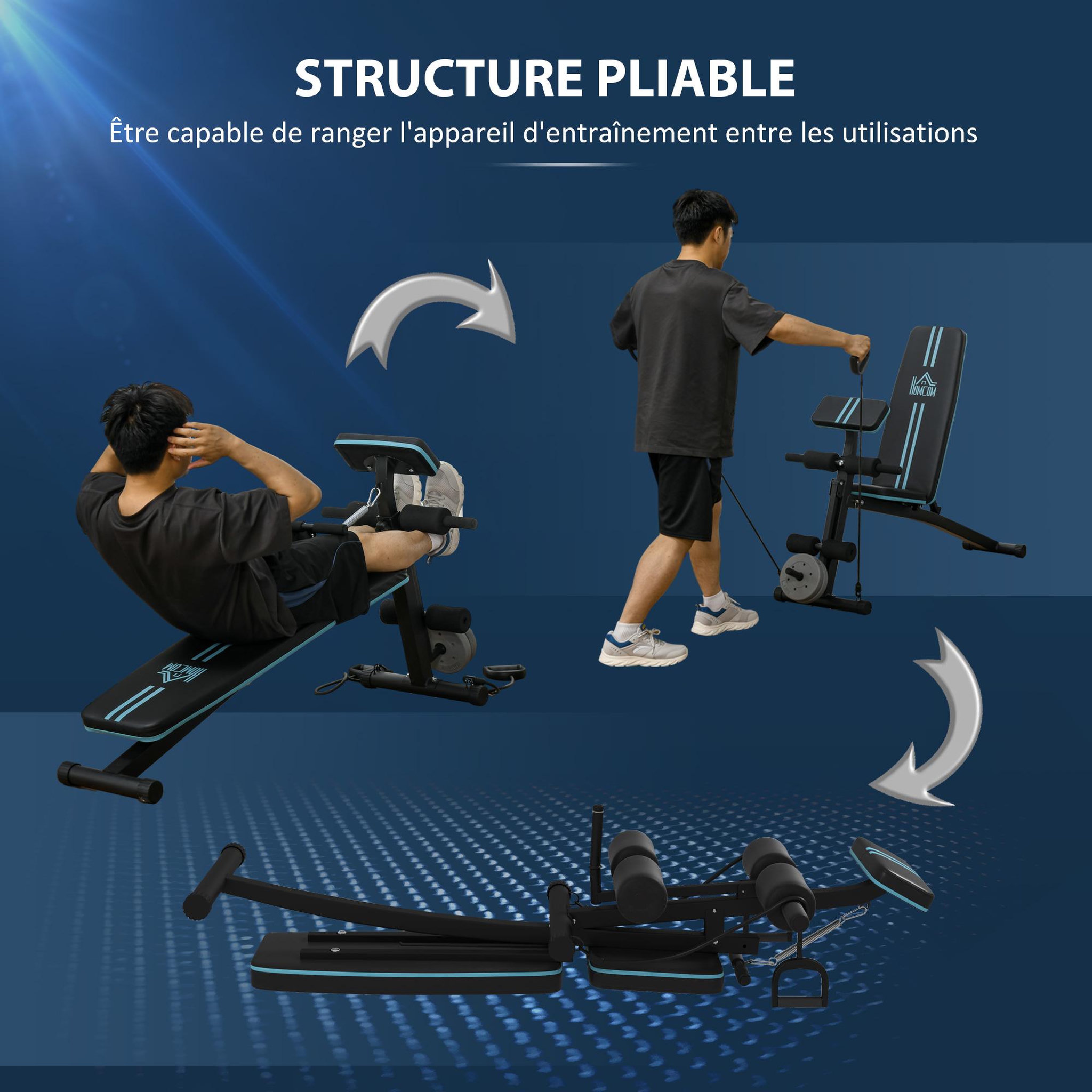Voir la diapositive 6 : HOMCOM Banc de musculation pliable inclinable réglable sangles élastiques + support haltères inclus acier noir bleu
