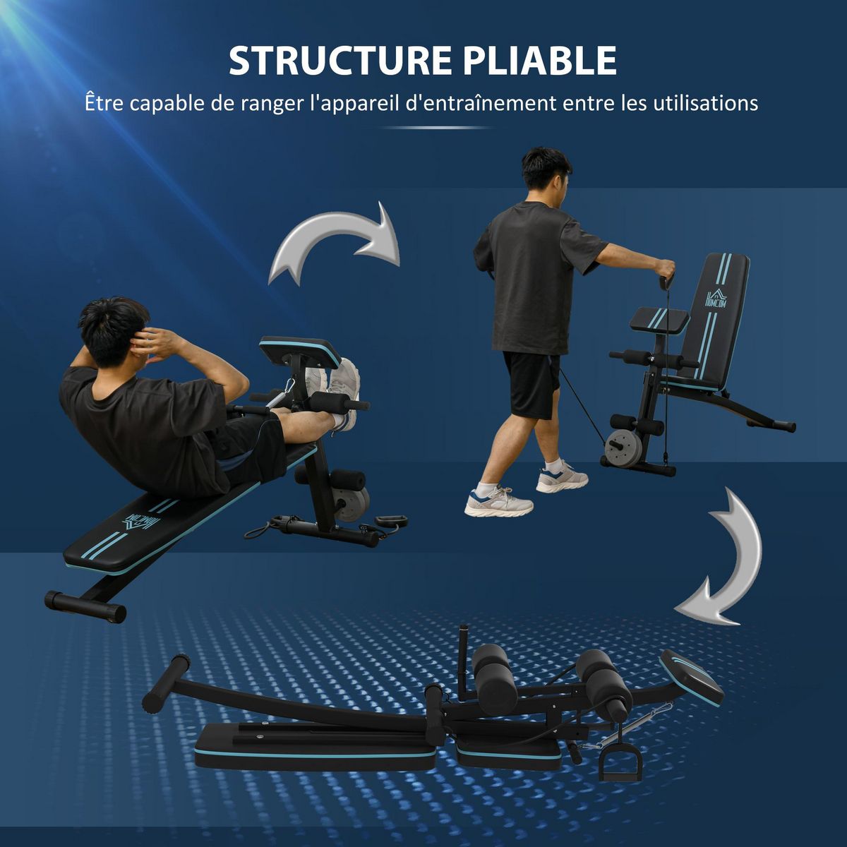 HOMCOM Banc de musculation pliable inclinable réglable sangles élastiques + support haltères inclus acier noir bleu