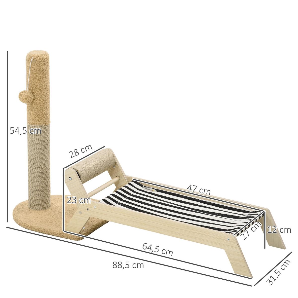 PAWHUT Lit pour chat arbre à chat griffoir grattoir avec hamac et pompon suspendu dim. 88,5L x 31,5l x 54,5H cm naturel