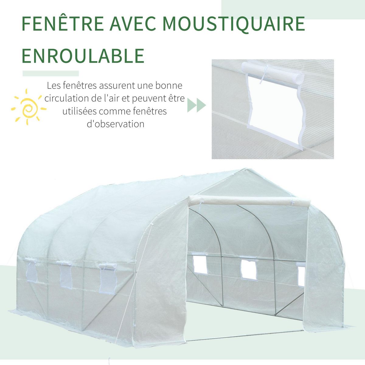 OUTSUNNY Serre tunnel de jardin dim. 4,45L x 2,99l x 2H m porte + 6 fenêtres enroulables acier galvanisé bâche PE haute densité blanc