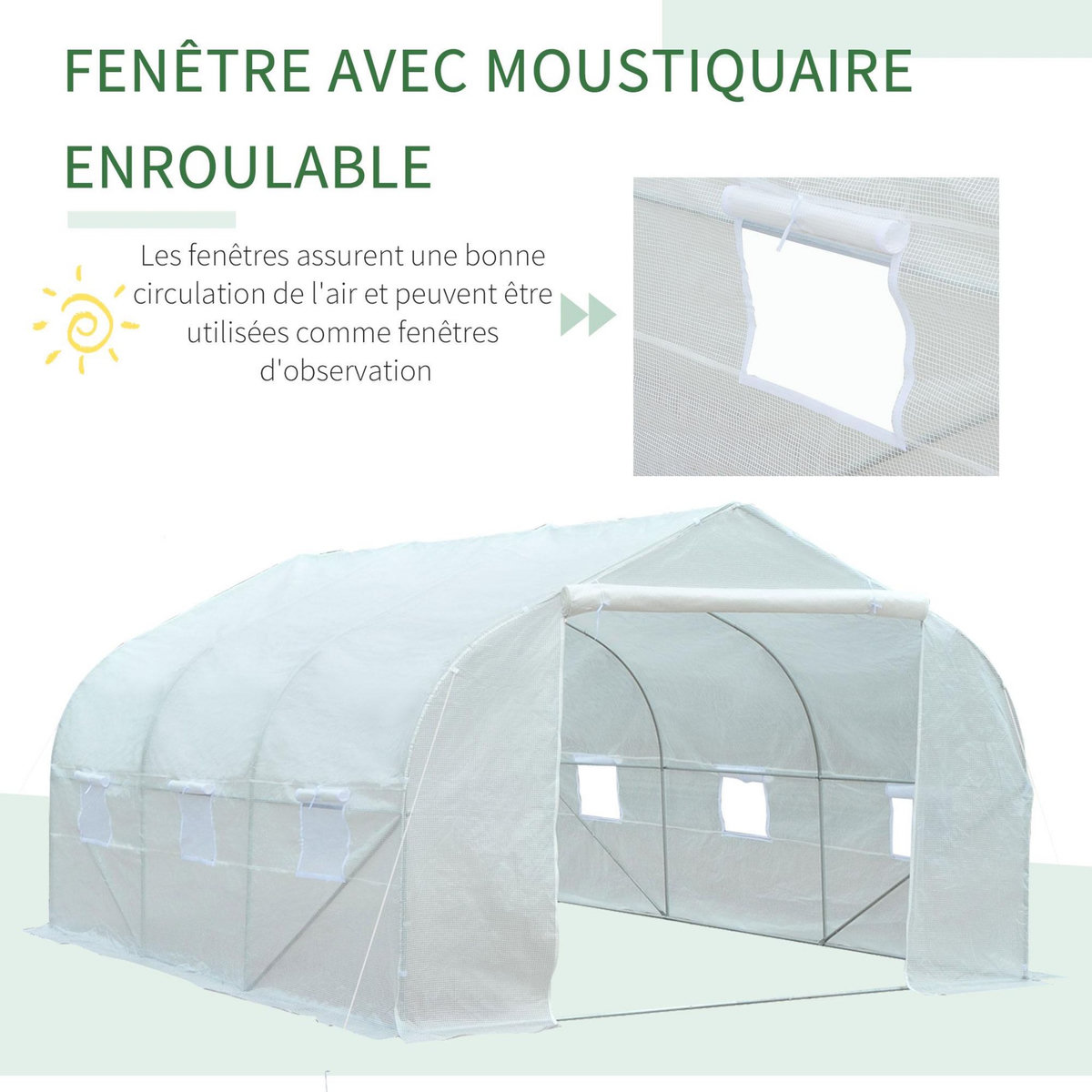 OUTSUNNY Serre tunnel de jardin dim. 4,45L x 2,99l x 2H m porte + 6 fenêtres enroulables acier galvanisé bâche PE haute densité blanc