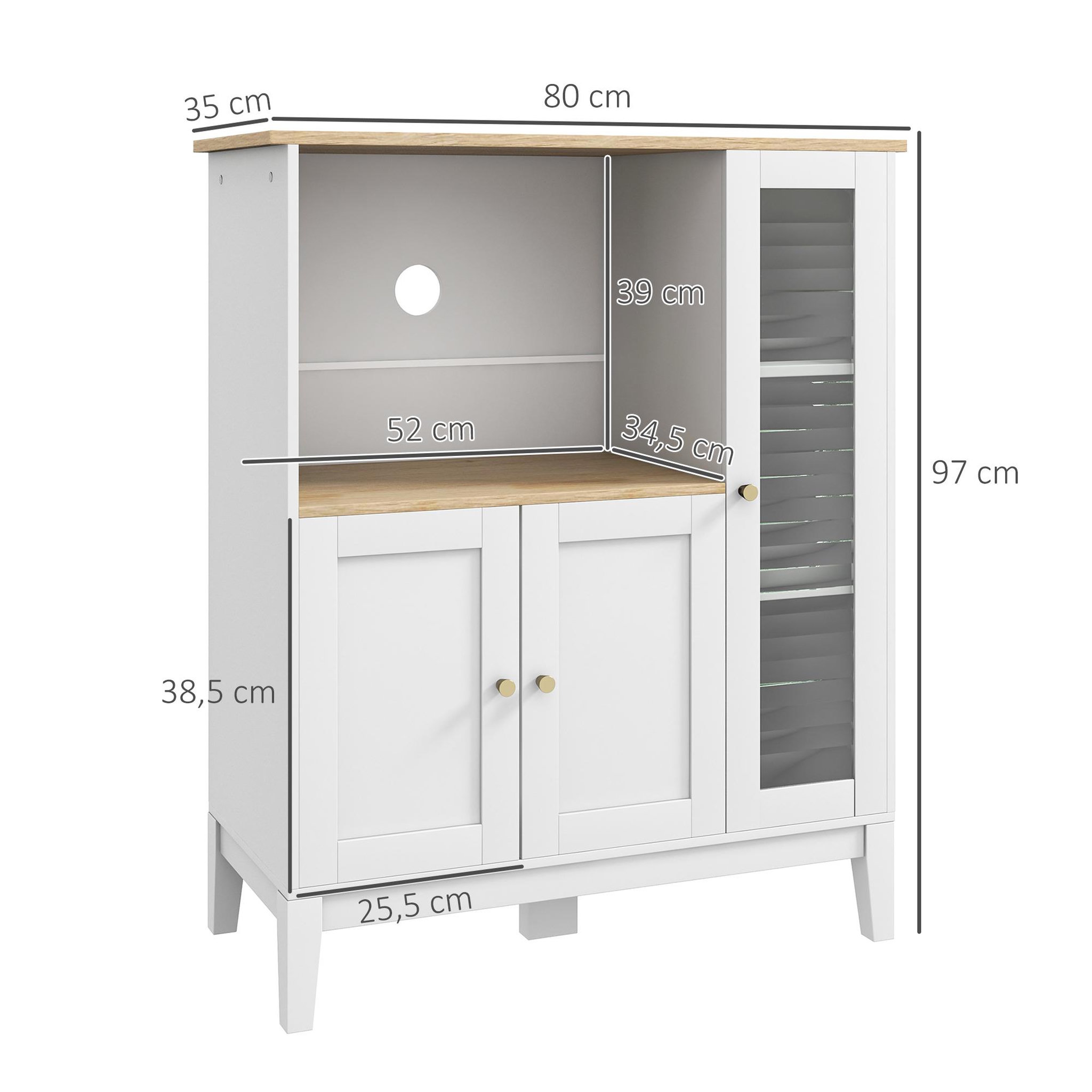 Voir la diapositive 3 : HOMCOM Buffet style classique chic - 3 portes 3 étagères niche petit électroménager - blanc aspect chêne clair
