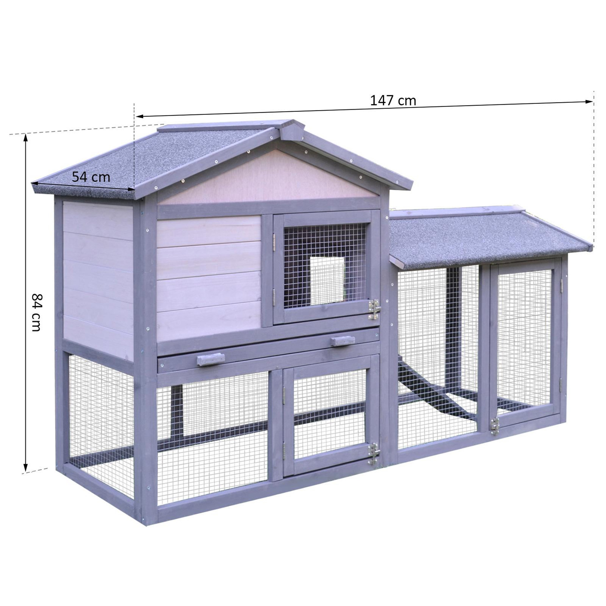 Voir la diapositive 3 : PAWHUT Clapier cage à lapins rongeurs 2 niveaux 3 portes verrouillables tiroir à déjection toit intégral bitumé 147l x 54l x 84h cm bois massif pin gris blanc