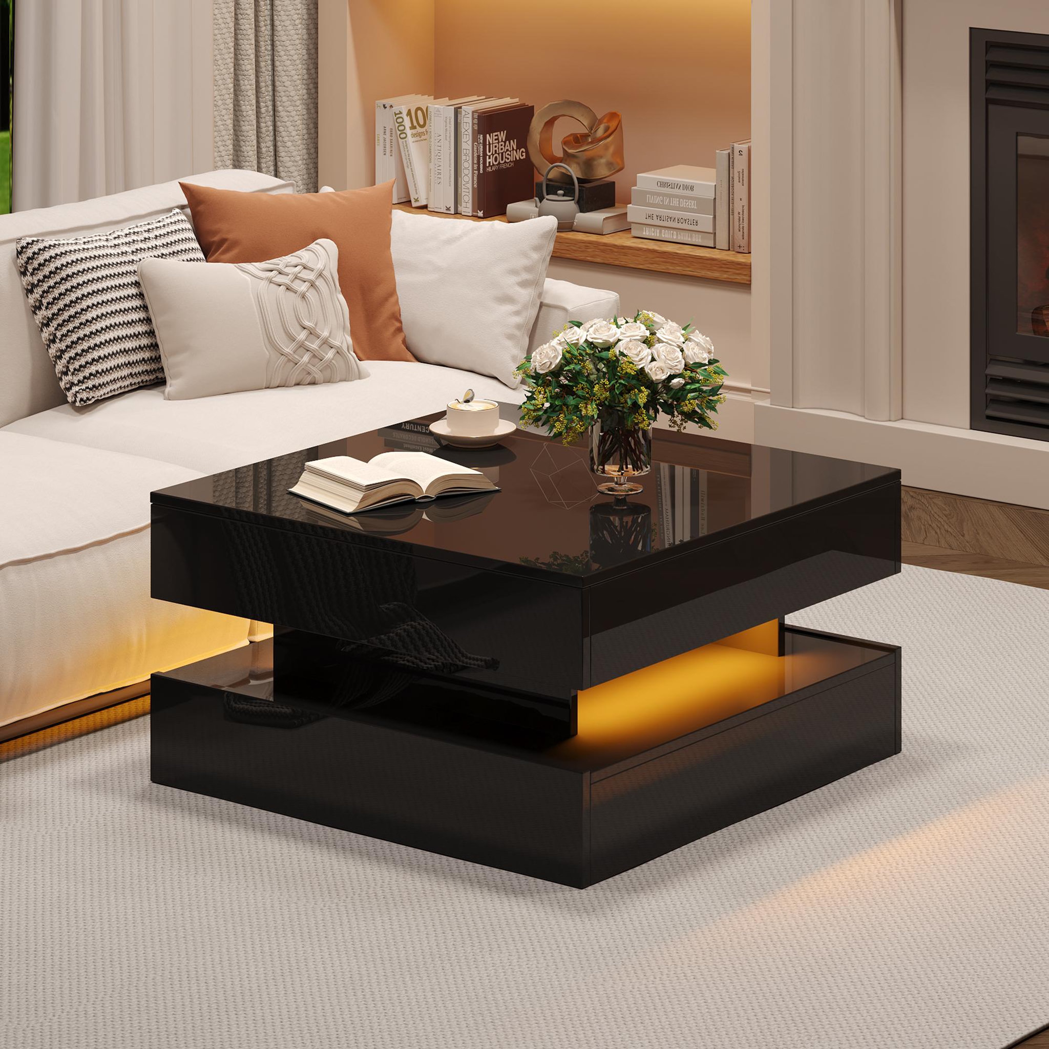 Voir la diapositive 4 : MERAX Table basse relevable carrée noir - 65x65 cm led panneau de particules