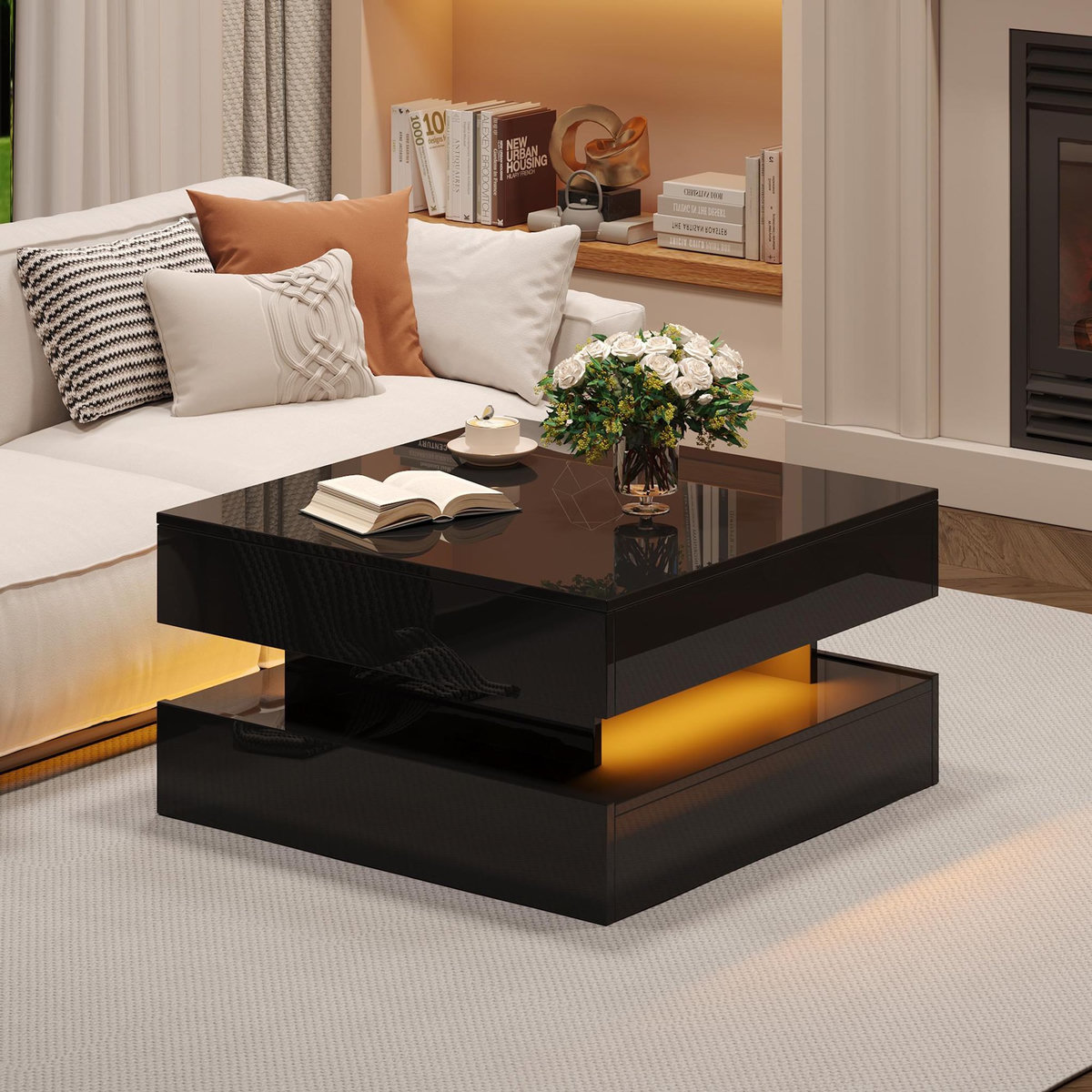 MERAX Table basse relevable carrée noir - 65x65 cm led panneau de particules