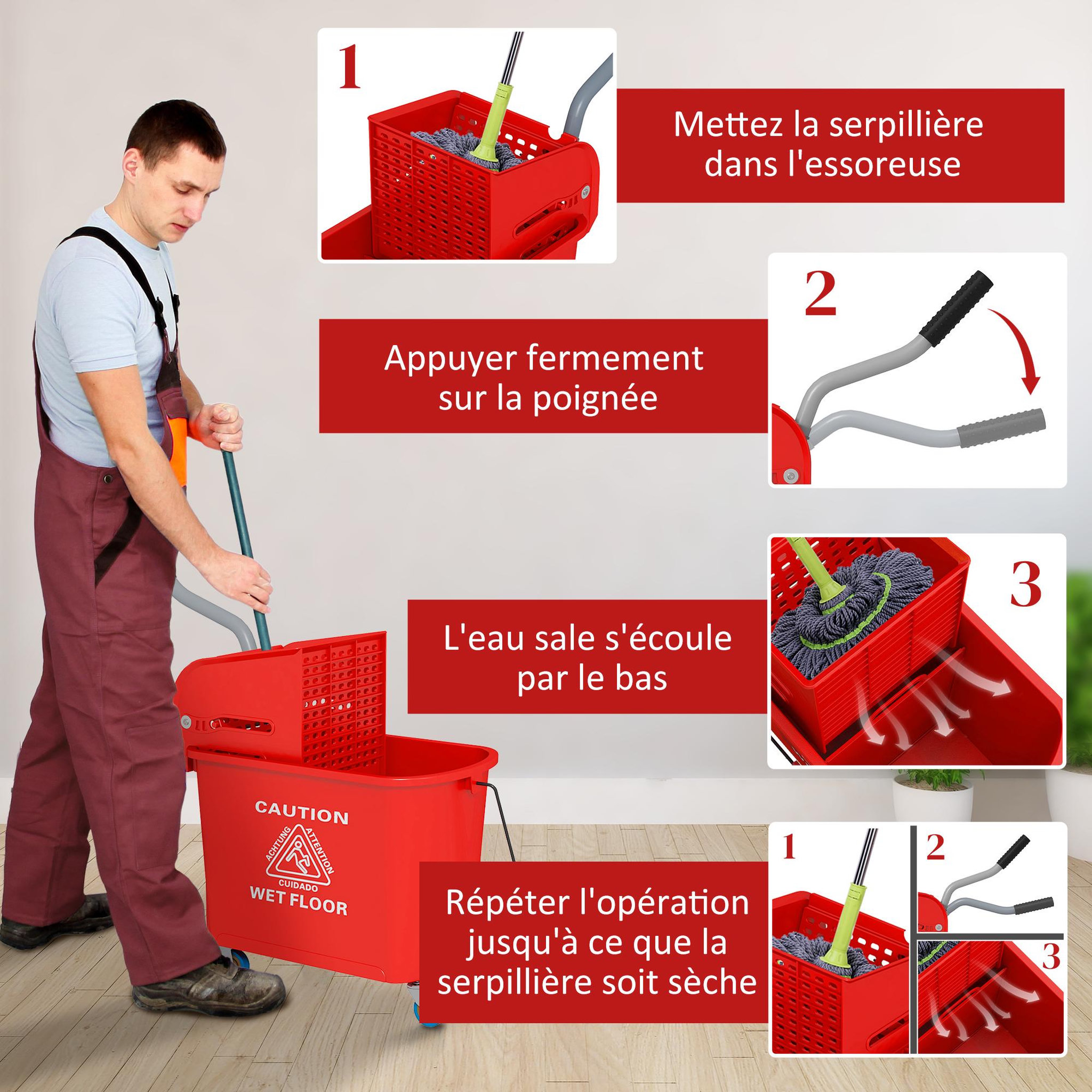 Voir la diapositive 5 : HOMCOM Chariot de nettoyage lavage seau de ménage 20 L avec essoreur et séparateur eau sale propre rouge