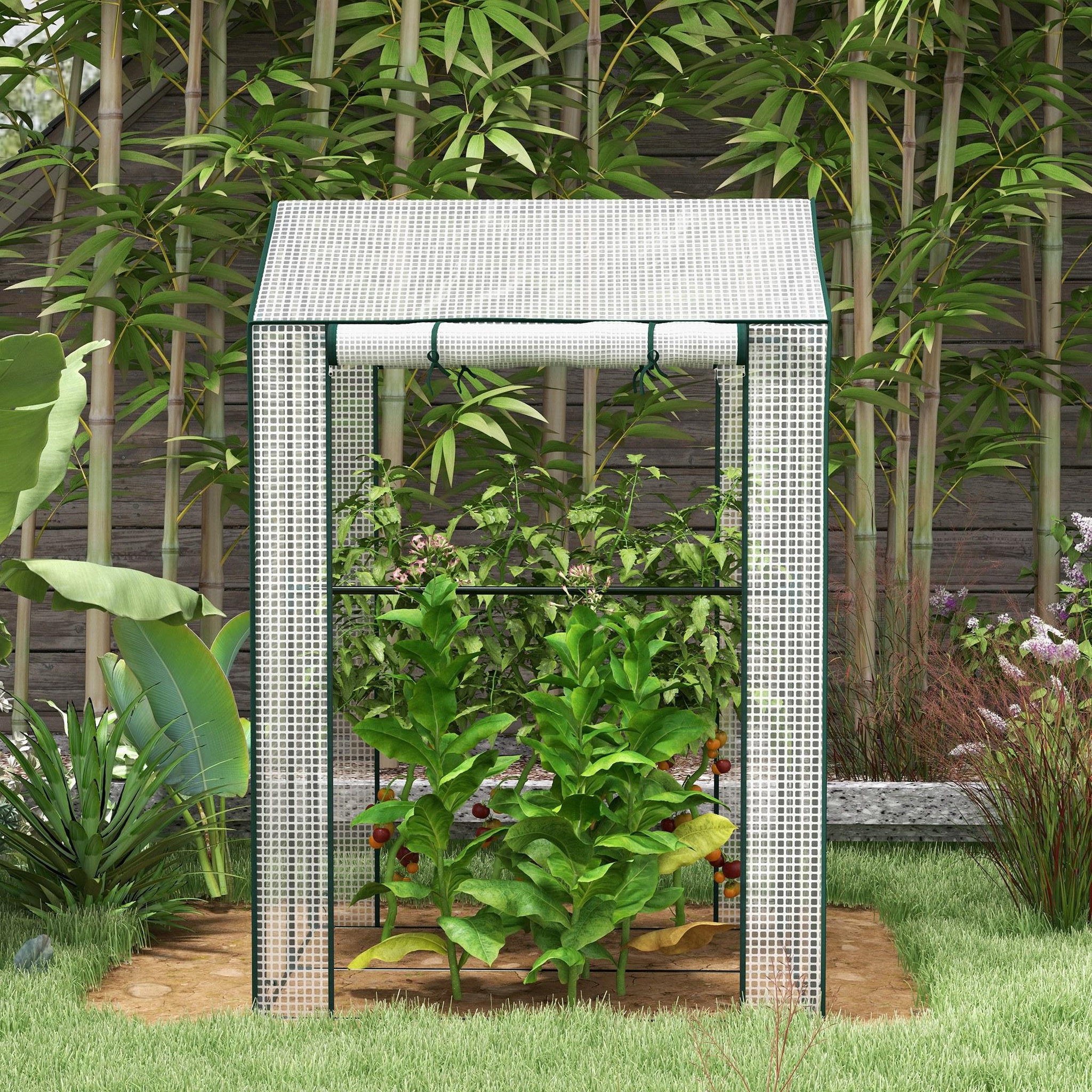 Voir la diapositive 4 : OUTSUNNY Serre de jardin 0,8 m² - 2 espaces, 2 portes enroulables - acier pe transparent
