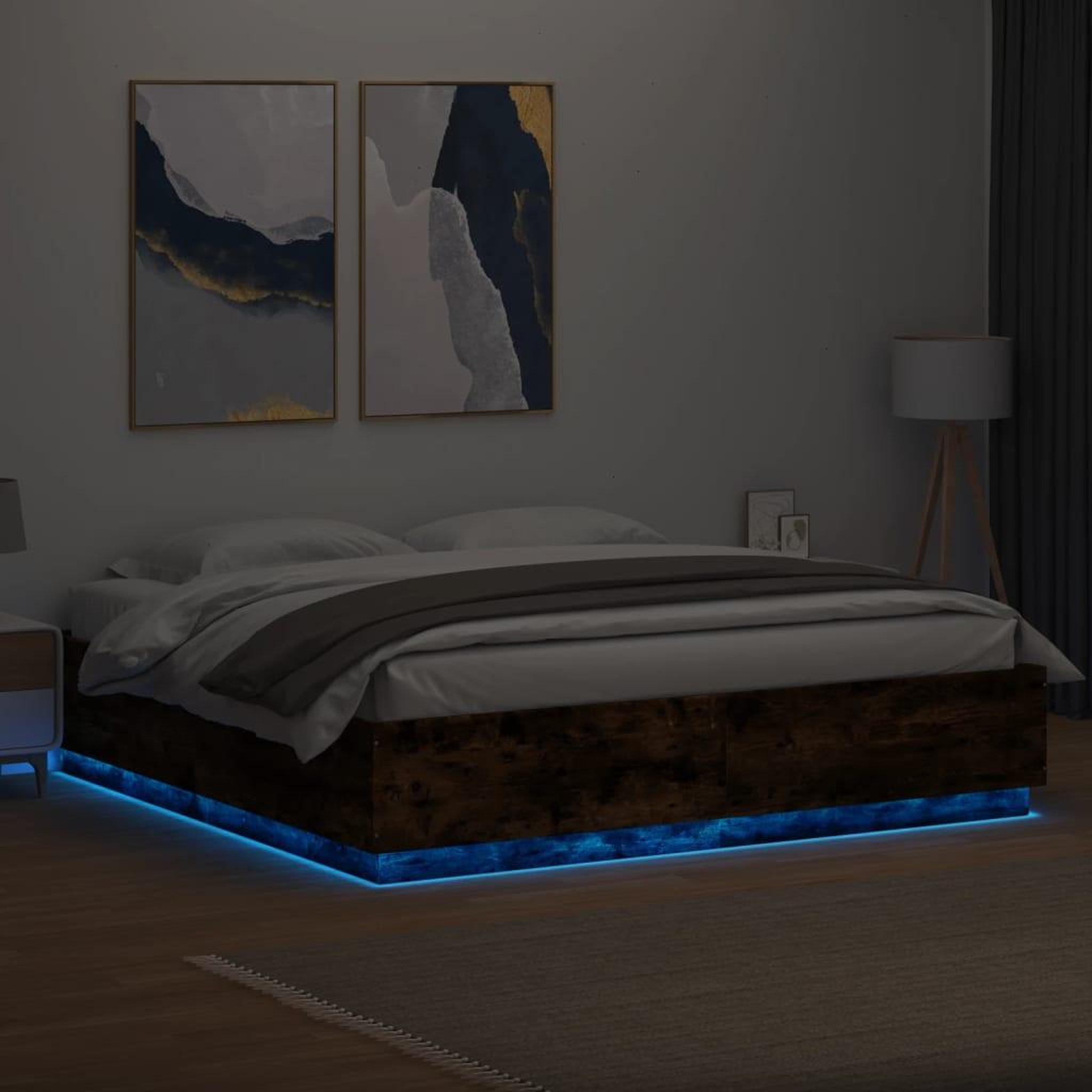 Voir la diapositive 4 : VIDAXL Cadre de lit avec LED sans matelas chene fume 200x200 cm