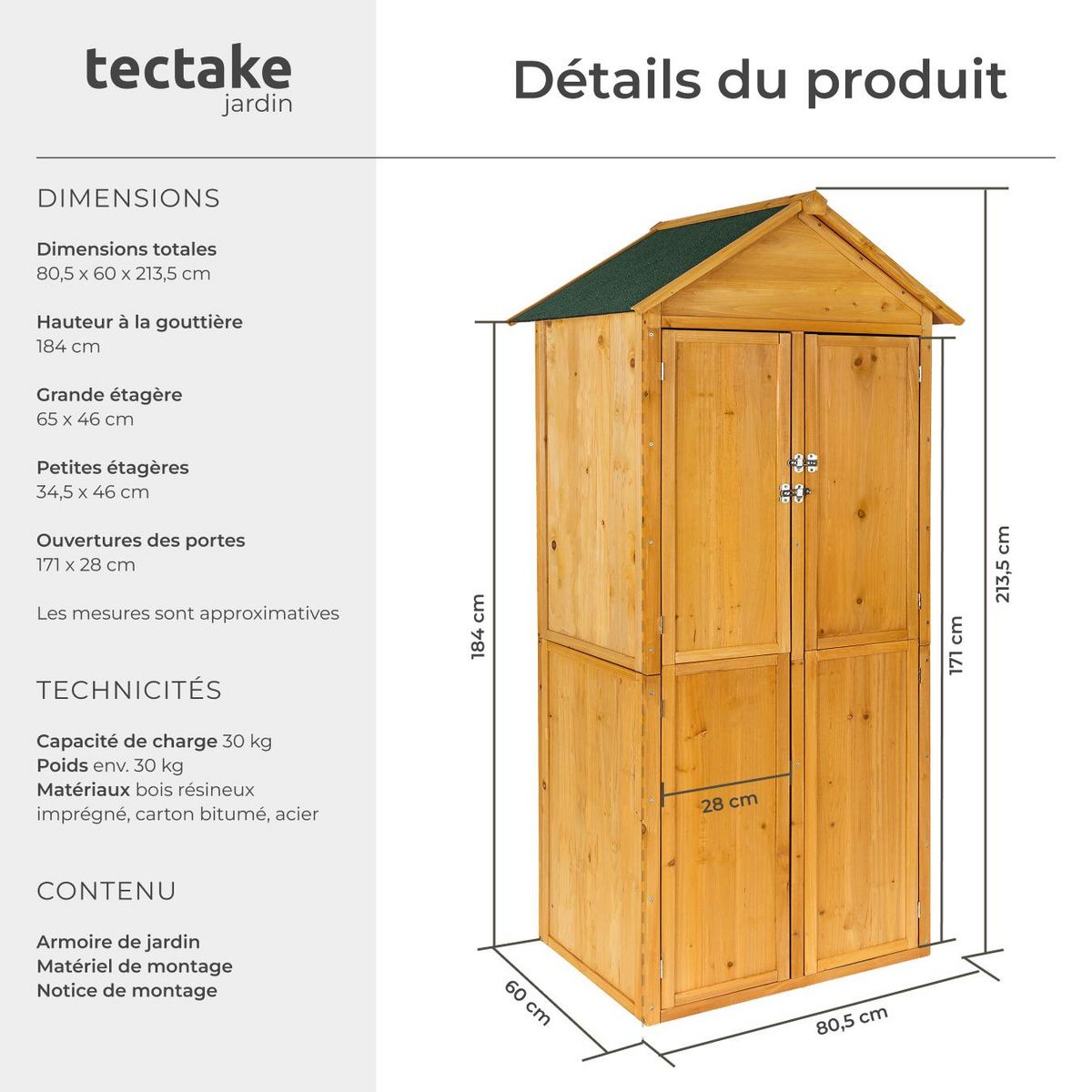 tectake Armoire de jardin avec toit à deux pans en bois de pin imprégné marron