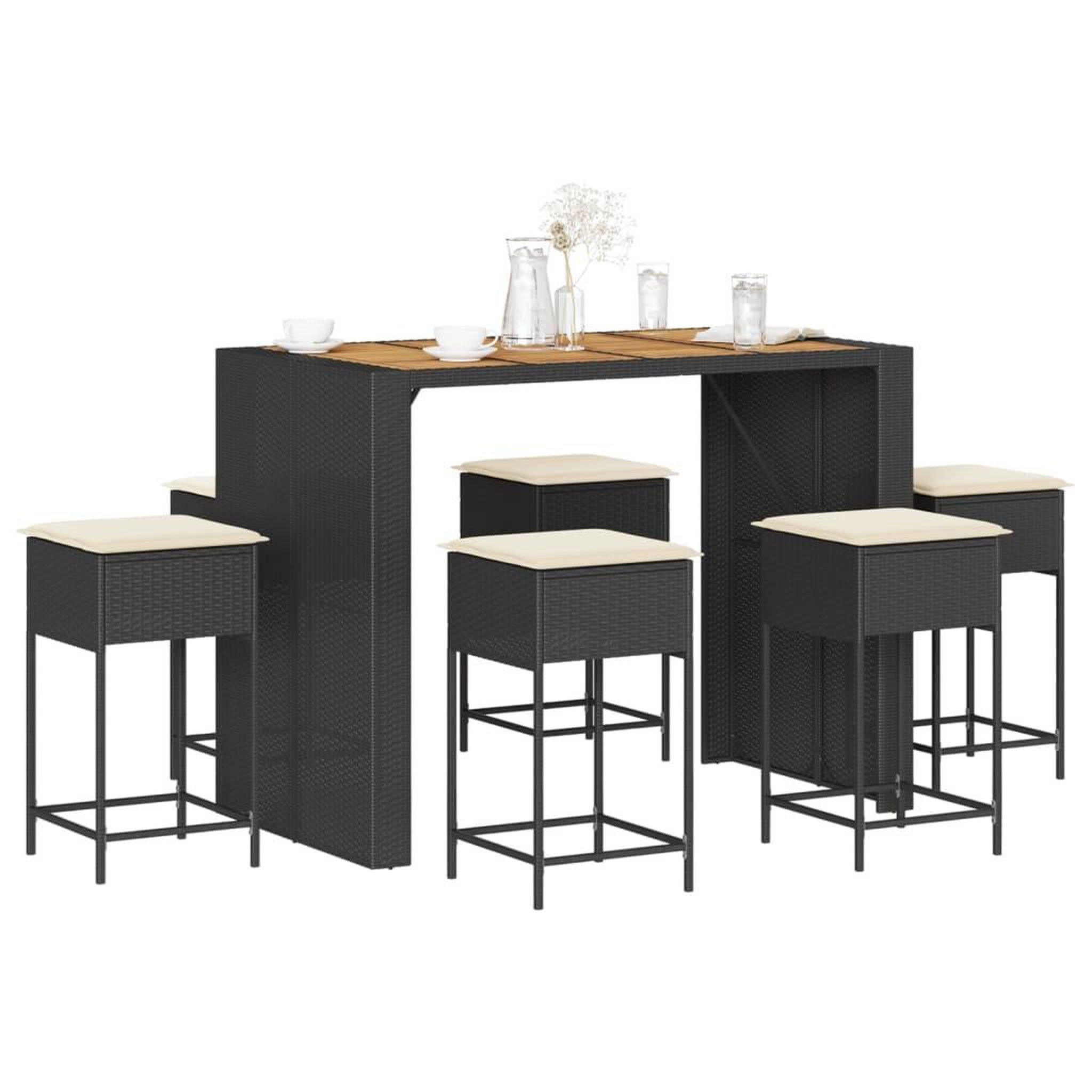 VIDAXL Ensemble de bar de jardin 7 pcs avec coussins noir poly rotin