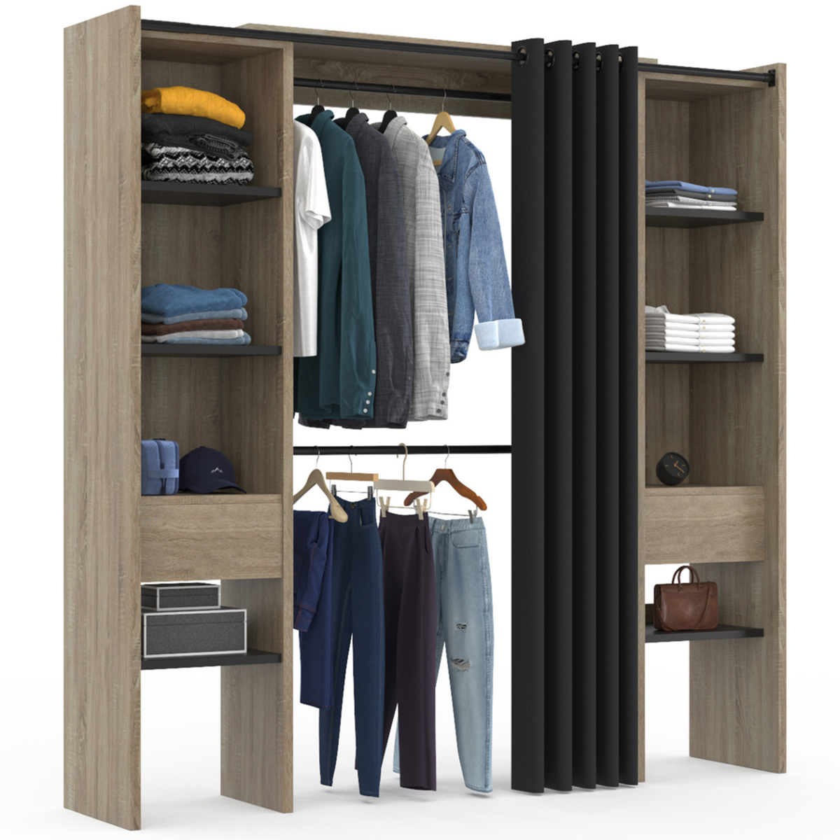 ID MARKET Dressing extensible double MERYL 120/180 x 50 x 180 cm hêtre avec étagères hêtre + double penderie + rideau noir