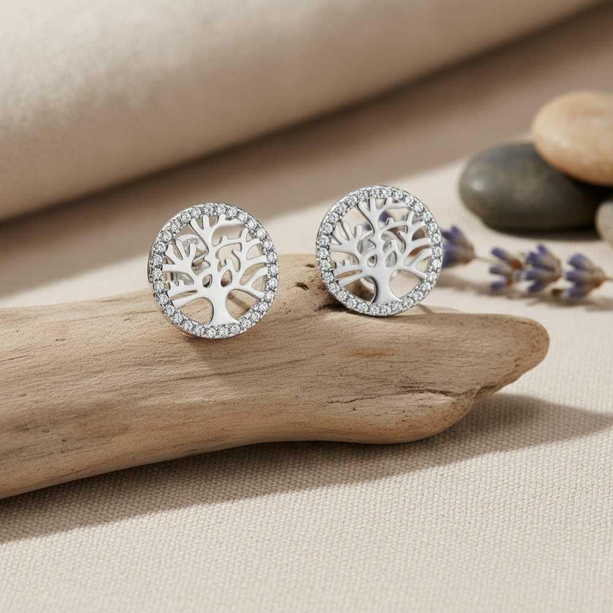 L'ATELIER D'AZUR Boucles d'Oreilles Argent 925/000 Rhodié - Arbre de Vie Pavé de Zirconiums