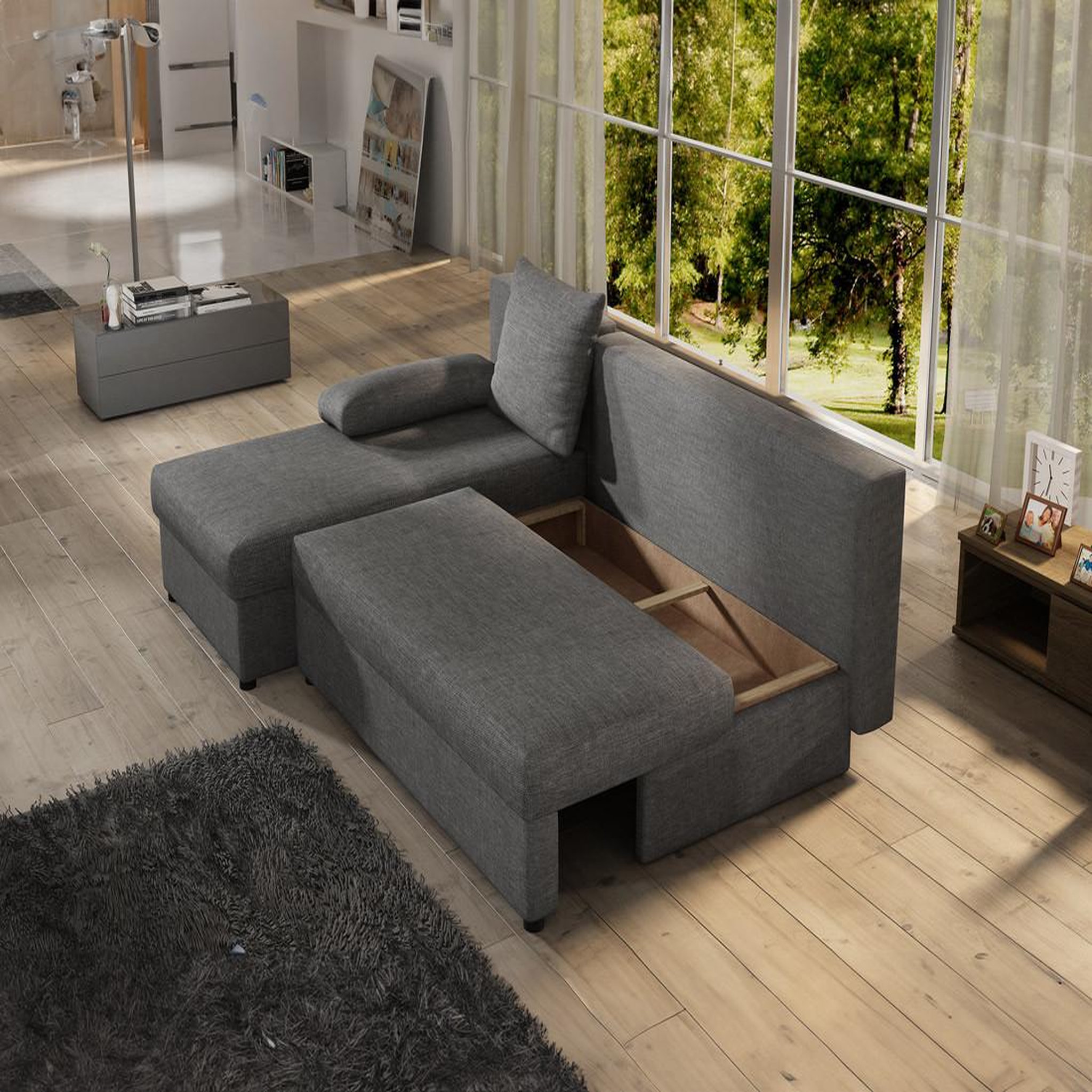 Voir la diapositive 2 : BEST MOBILIER Numancia - canapé d'angle réversible 4 places - convertible avec coffre - en tissu