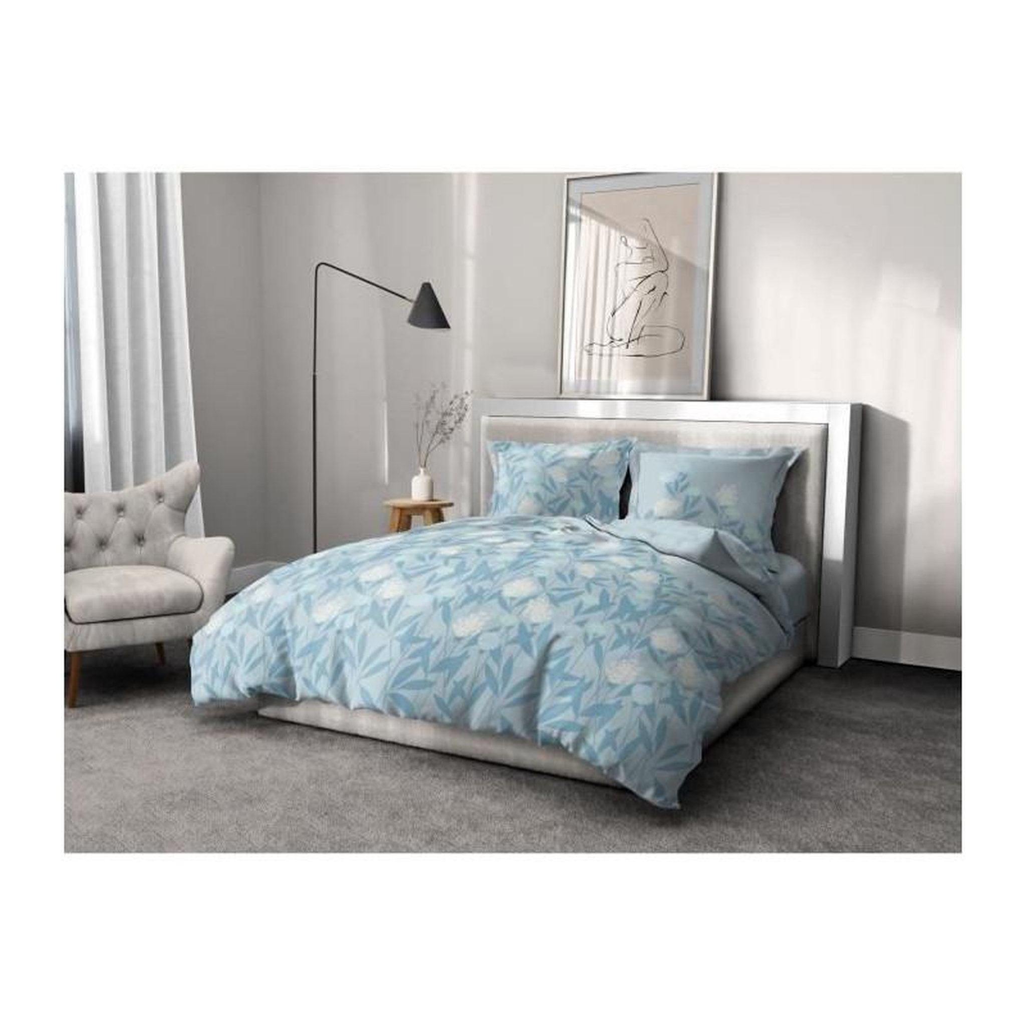 Voir la diapositive 2 : HOME LINGE PASSION Parure de couette HOME LINGE PASSION Tempete Florale - 3 Pcs - 220 x 240 - 100% Coton 57 Fils - Bleu