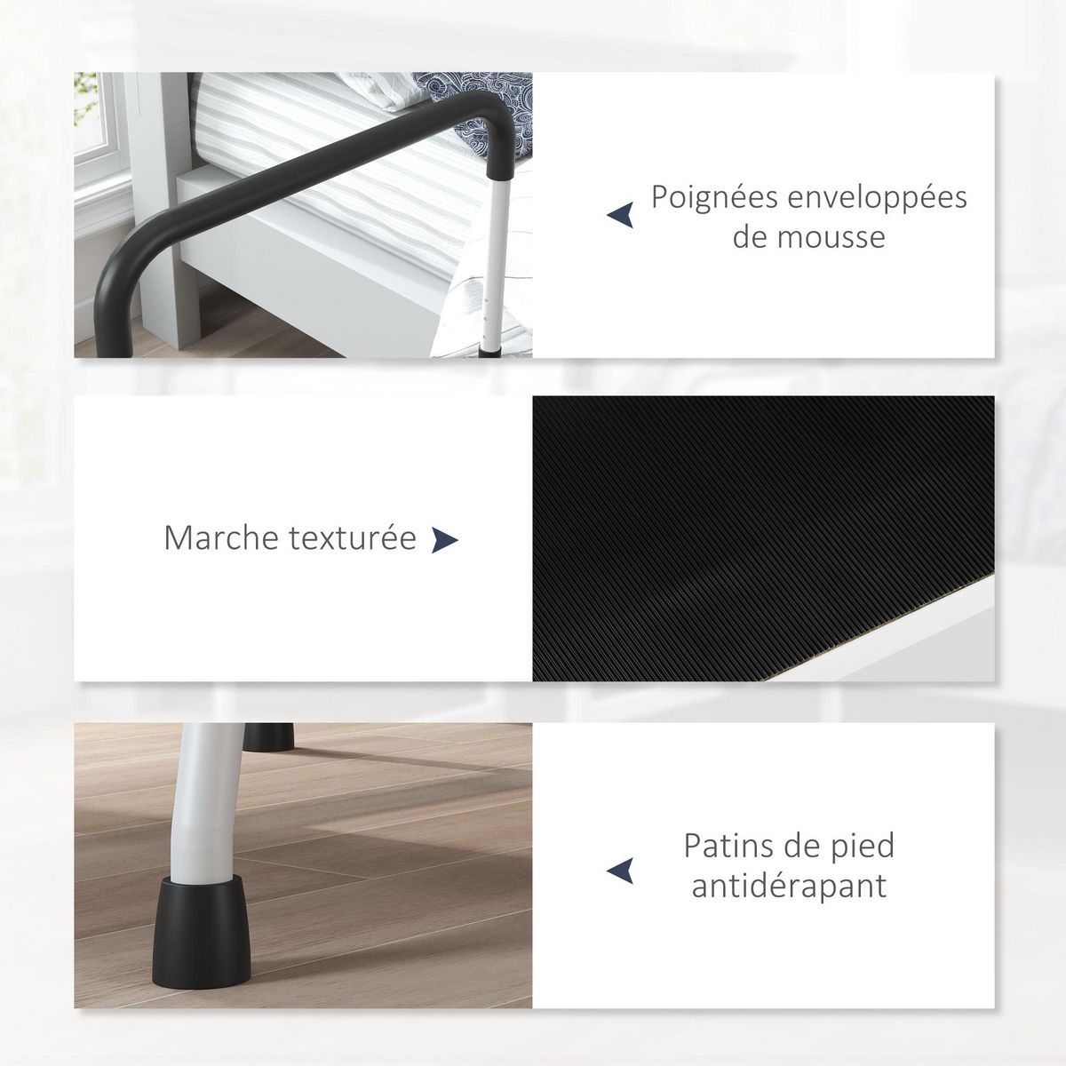 HOMCOM Marchepied de sécurité avec barres d'appui réglables en hauteur - marches d'accès au bain - merches & patins antidérapants - acier blanc EVA noir