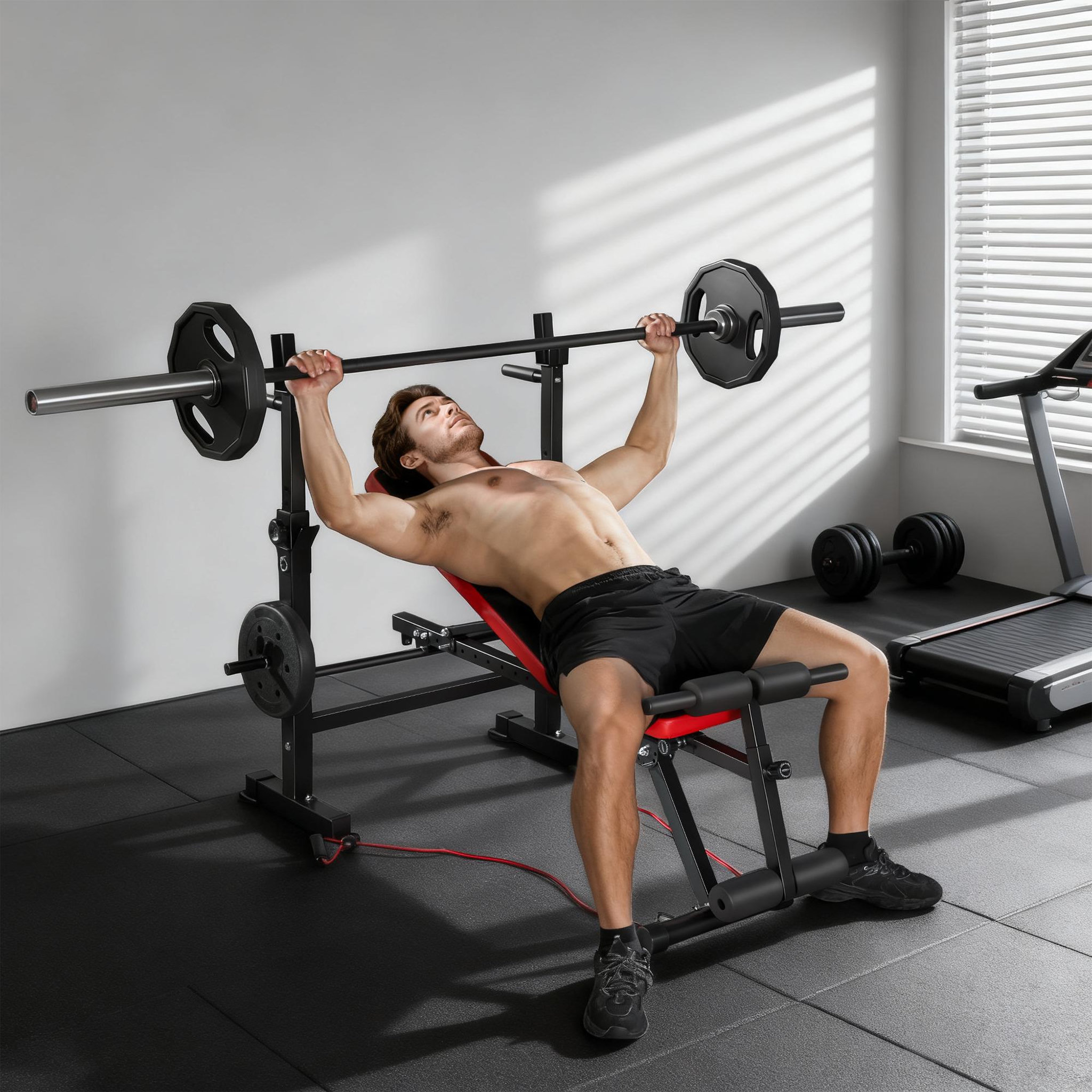 Voir la diapositive 2 : HOMCOM Banc de musculation réglable - support de barre, poignées à dips, bandes de résistance - rouge noir