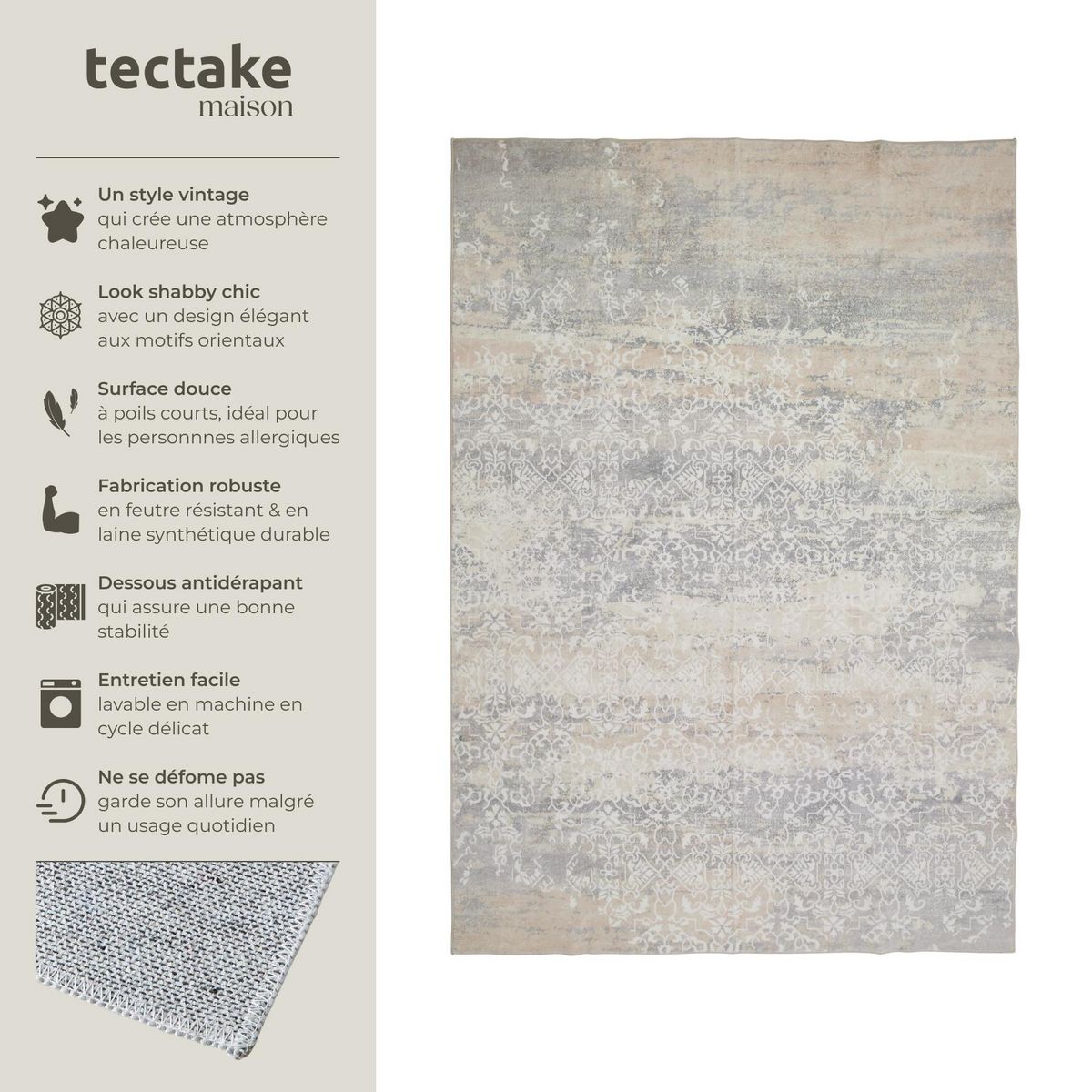tectake Tapis design vintage à poils courts en laine synthétique et feutre beige 200 x 274 cm