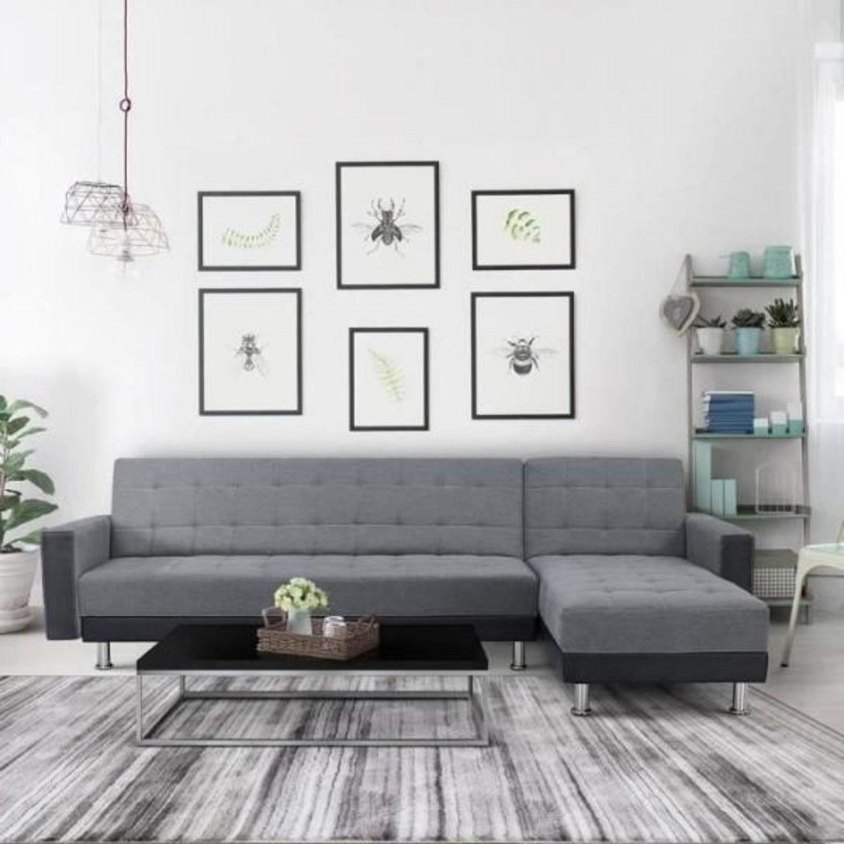 MARKET24 Canapé d'angle 3 places réversible - Tissu gris et simili noir - Pieds en acier - L 277 x P 157 x H 80 cm - IVANA