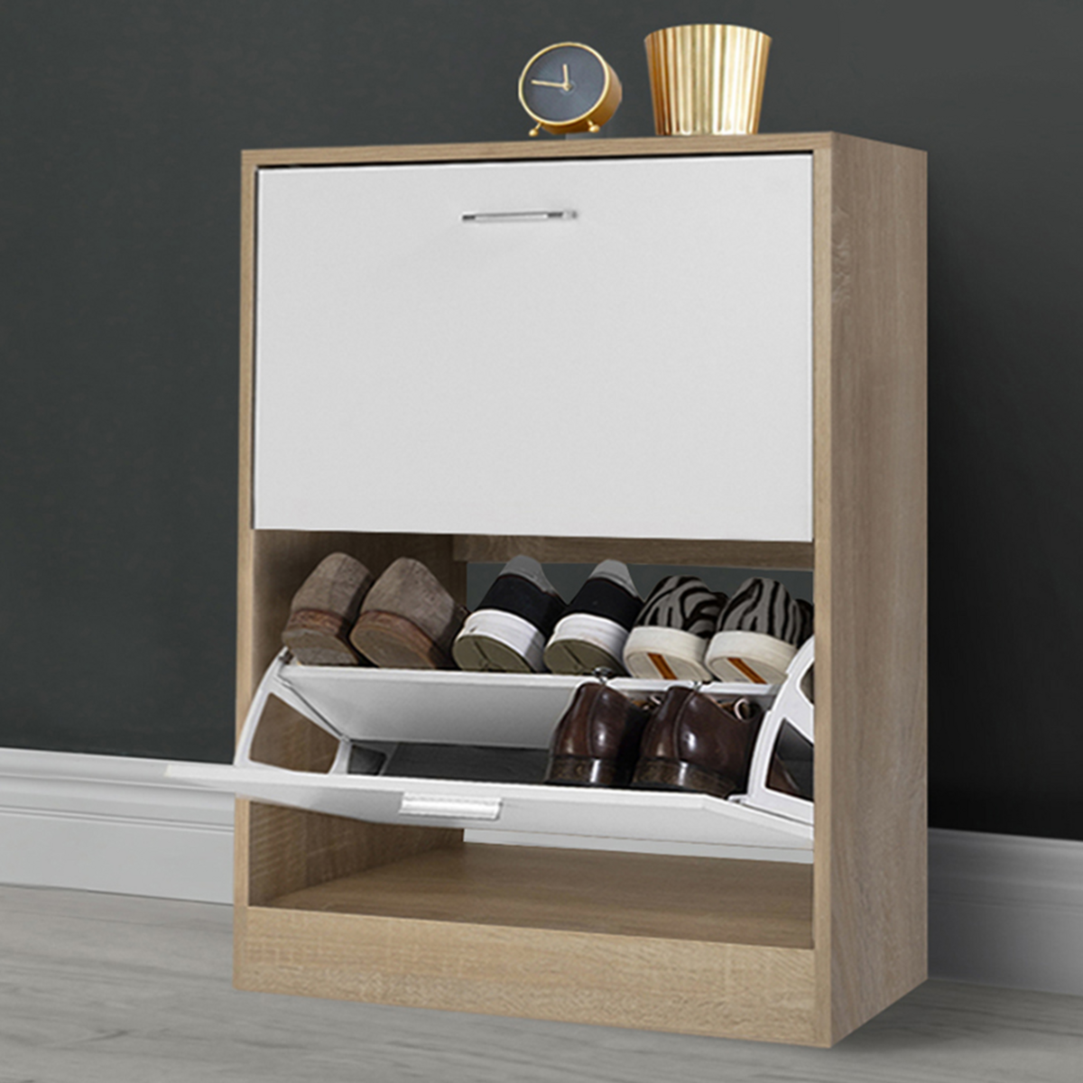 ID MARKET Meuble à chaussures 12 paires KLARK imitation hêtre 2 portes blanches