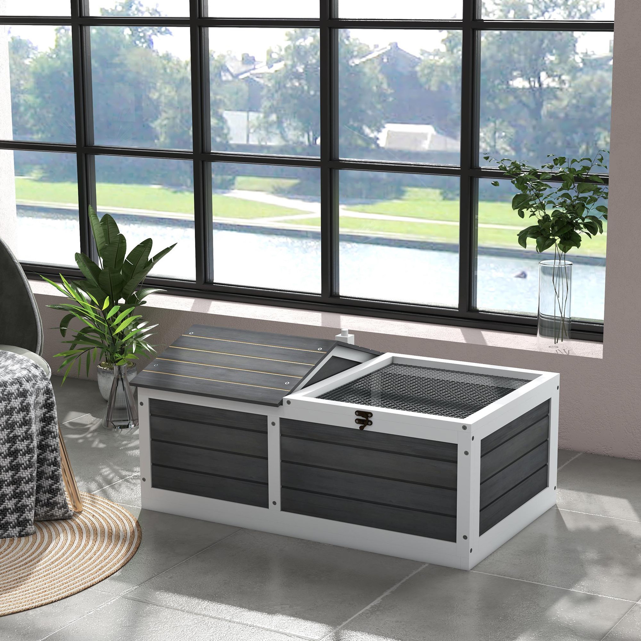 Voir la diapositive 2 : PAWHUT Enclos pour tortue - parc pour tortue - niche, enclos extérieur grillagé, toit ouvrant verrouillable - sapin gris blanc