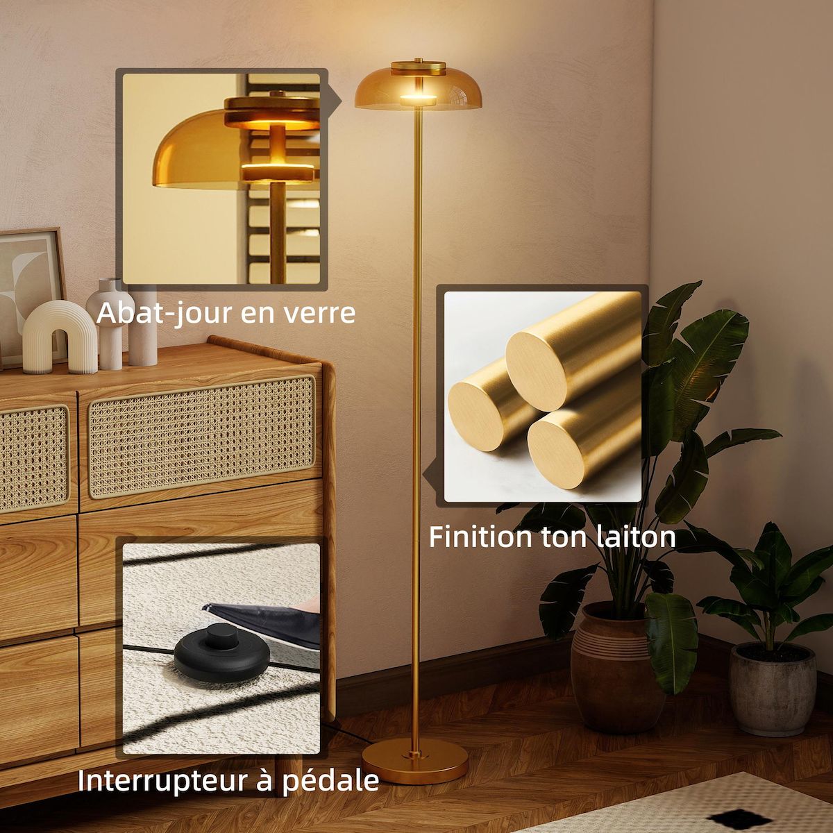 HOMCOM Lampadaire sur pied LED style vintage métal doré verre fumé lumière chaude 3000K