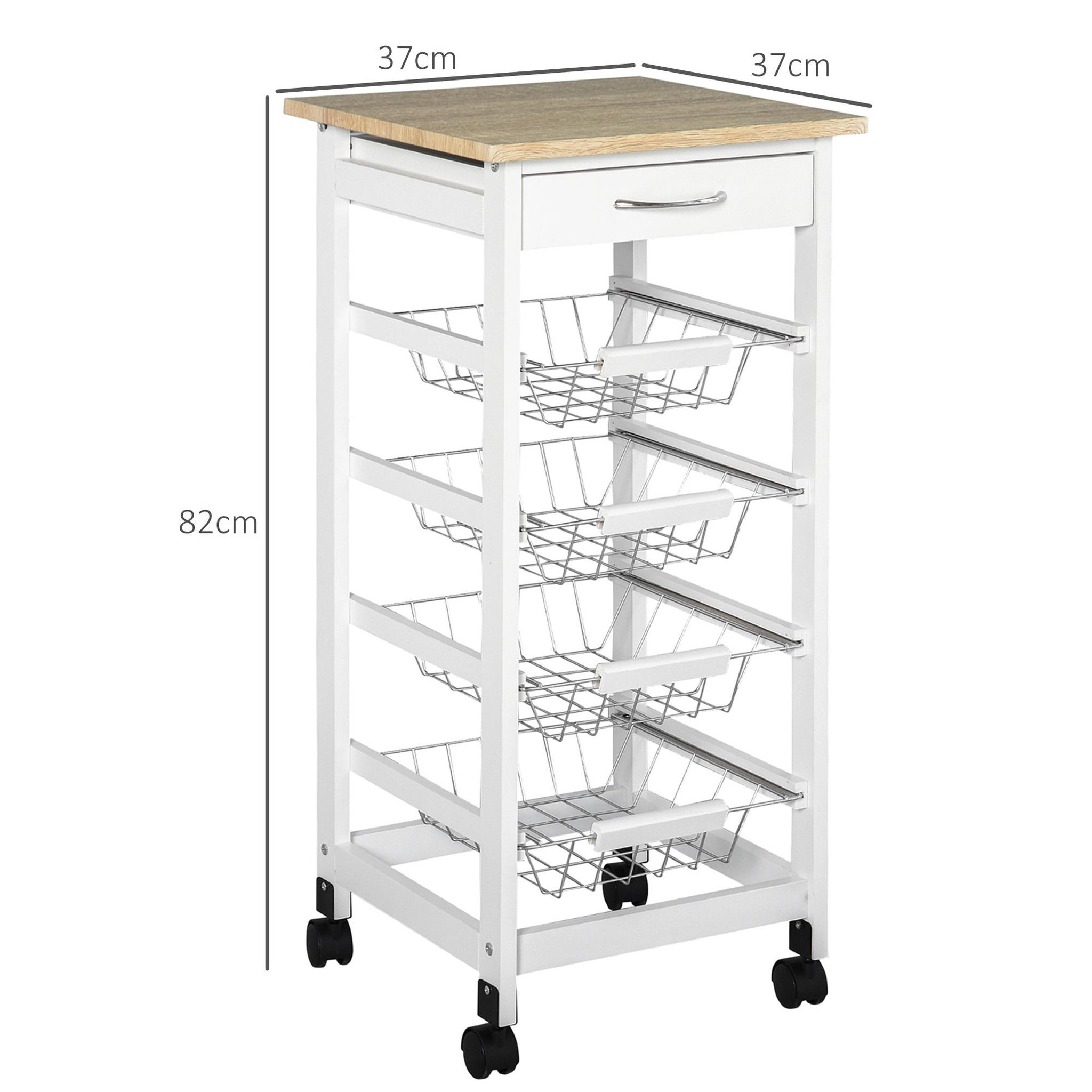 Voir la diapositive 3 : HOMCOM Desserte chariot de cuisine sur roulettes - 4 paniers coulissants, tiroir, plateau - bois blanc MDF bois clair