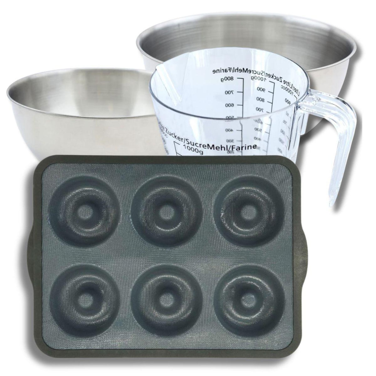 ZENKER Set pâtisserie avec moule 6 donuts 36 x 26 cm en silicone, 2 bols à mixer, verre mesureur et spatule Zenker