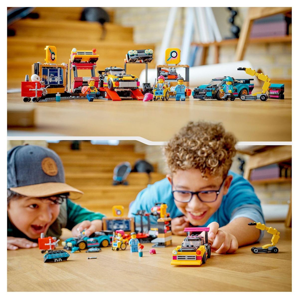 LEGO City 60389 Le garage de customisation, Jouet avec 2 Voitures, Atelier Automobile et 4 Minifigurines