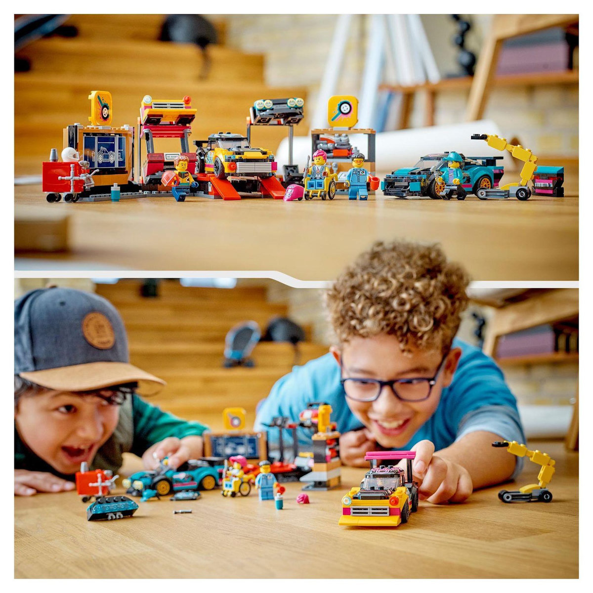 LEGO City 60389 Le garage de customisation, Jouet avec 2 Voitures, Atelier Automobile et 4 Minifigurines