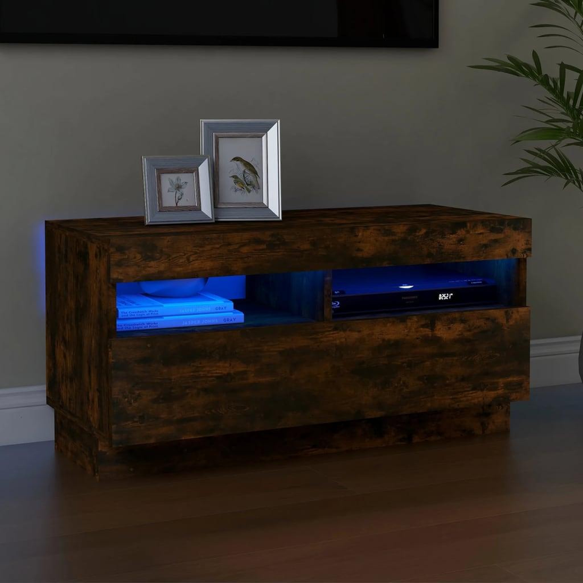Voir la diapositive 1 : VIDAXL Meuble TV avec lumieres LED chene fume 80x35x40 cm