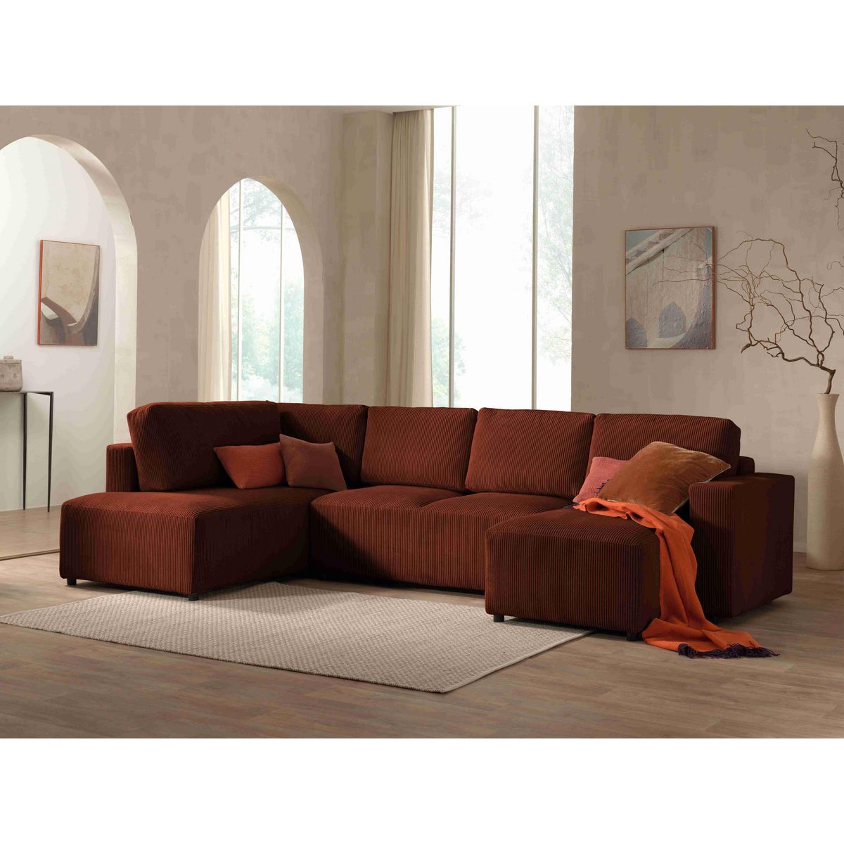 LISA DESIGN Livy - canapé panoramique convertible - avec coffre - en velours côtelé - 7 places - gauche