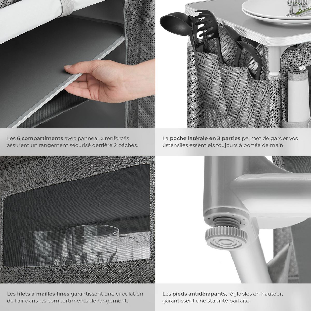 tectake Meuble de camping deluxe avec 6 compartiments pliable gris