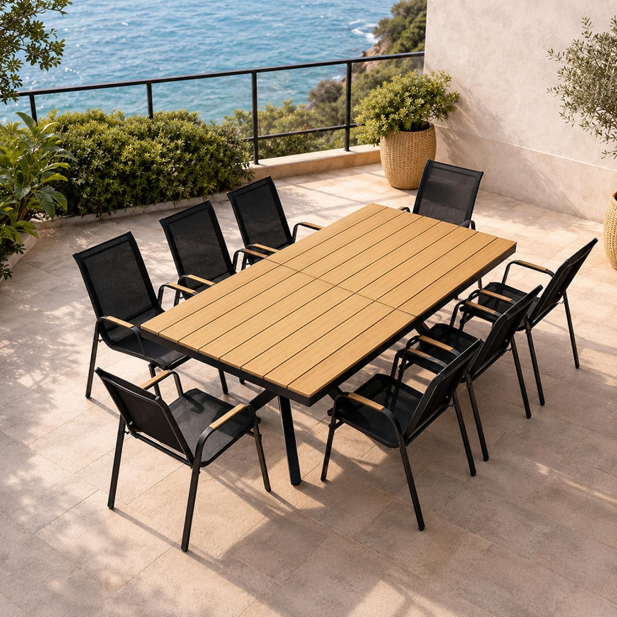Voir la diapositive 5 : CONCEPT USINE Ensemble de jardin table 190cm effet bois + 8 fauteuils ALMADA