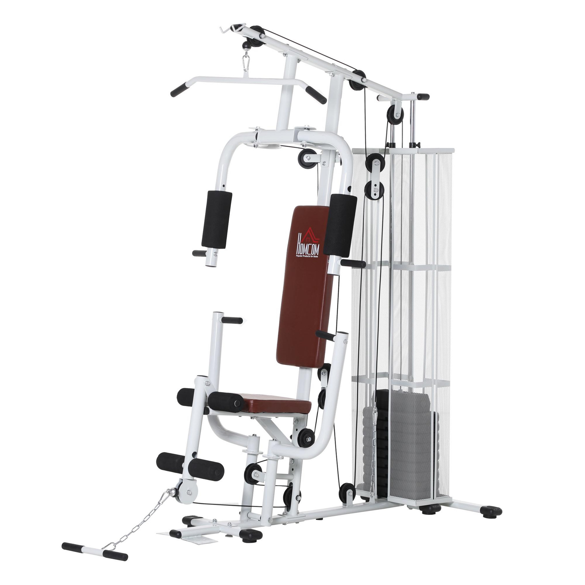 Voir la diapositive 1 : HOMCOM Station de musculation - entrainement complet - développé couché, butterfly, barre latissimus, curler, bande résistance - 10 contrepoids - acier blanc