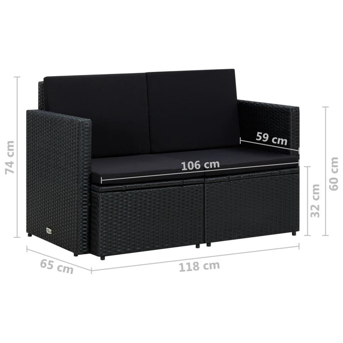 VIDAXL Canape de jardin a 2 places avec coussins Noir Resine tressee