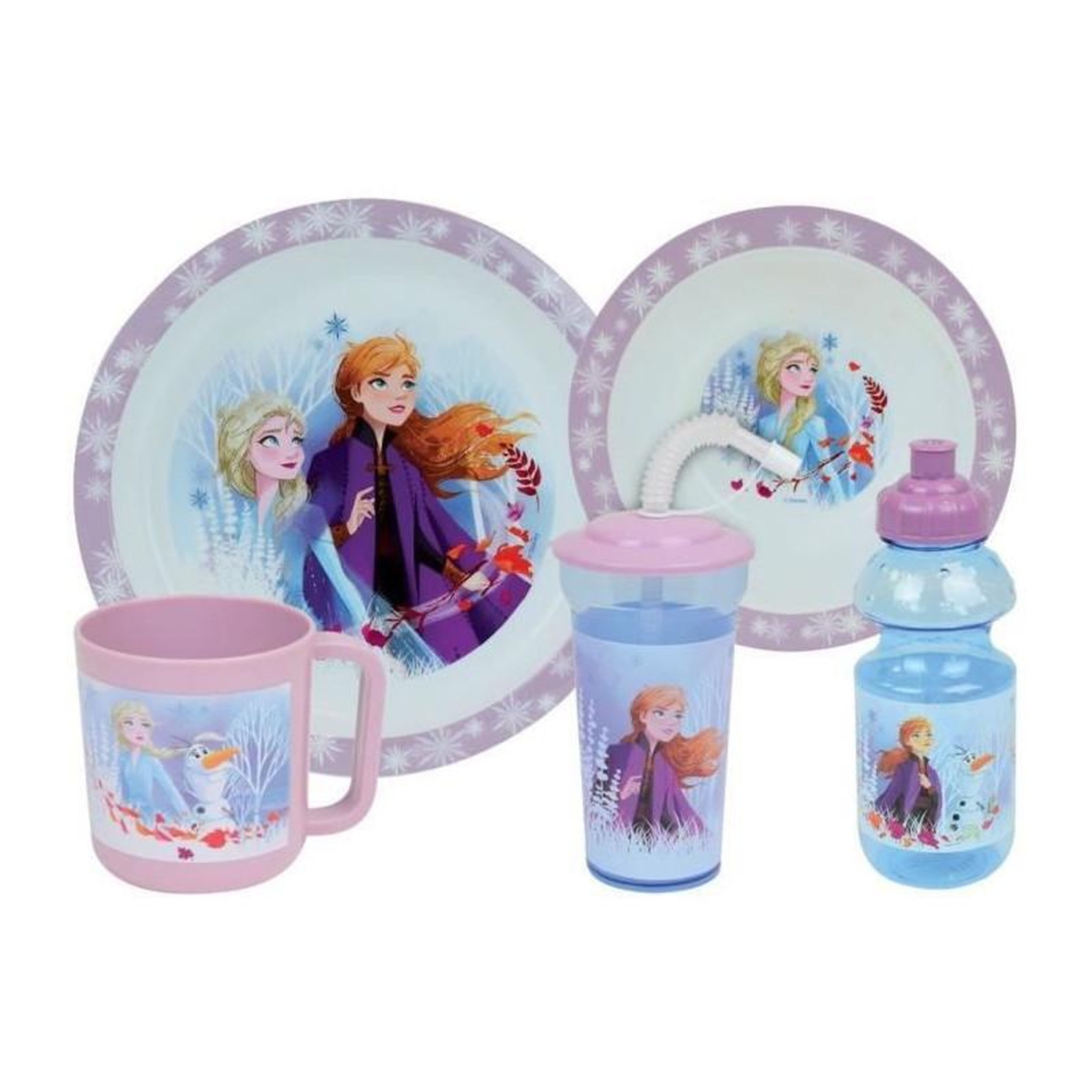 Fun House Lot Vaisselle Disney Reine des Neiges - FUN HOUSE - 006379 - Assiette Creuse, Assiette Plate, Mug, Gourde et Gobelet avec Paille