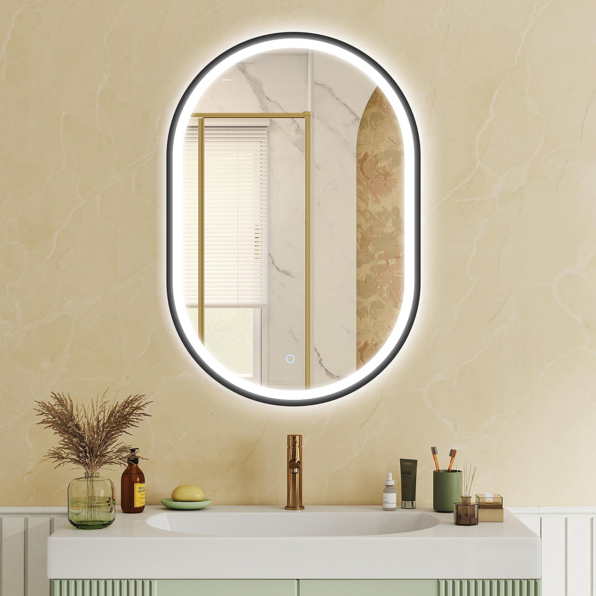 Voir la diapositive 2 : HOMCOM Miroir salle de bain led design ovale 50 x 70 cm anti-buée dimmable tactile réglable verre trempé alu noir