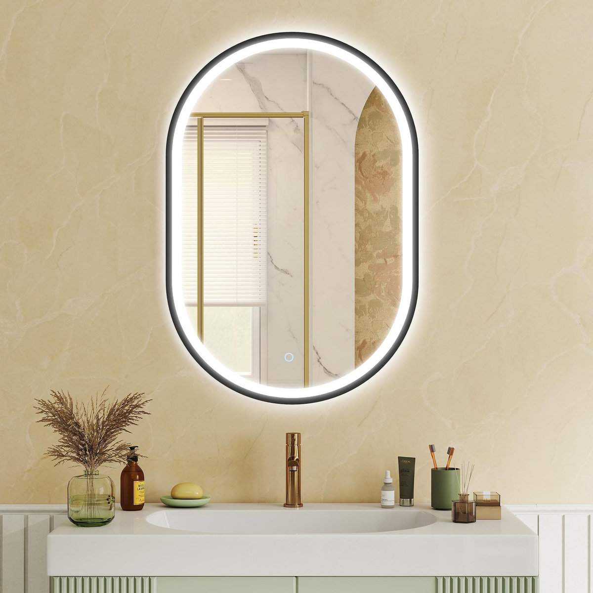 HOMCOM Miroir salle de bain LED design ovale 50 x 70 cm anti-buée dimmable tactile réglable verre trempé alu noir