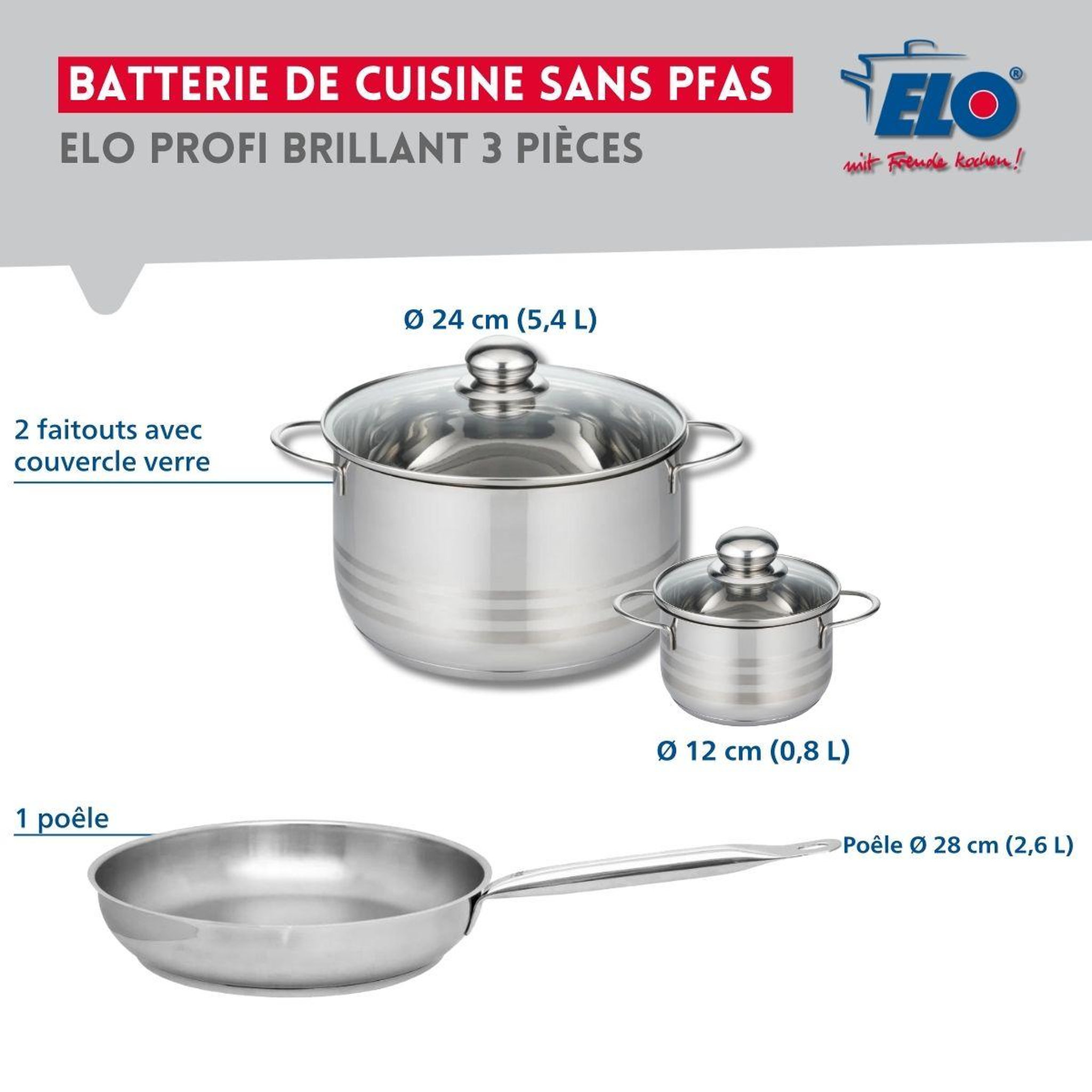 Voir la diapositive 2 : ELO Ensemble de 1 poêle de cuisson 28 cm et 2 faitouts 12 et 24 cm elo profi brillant