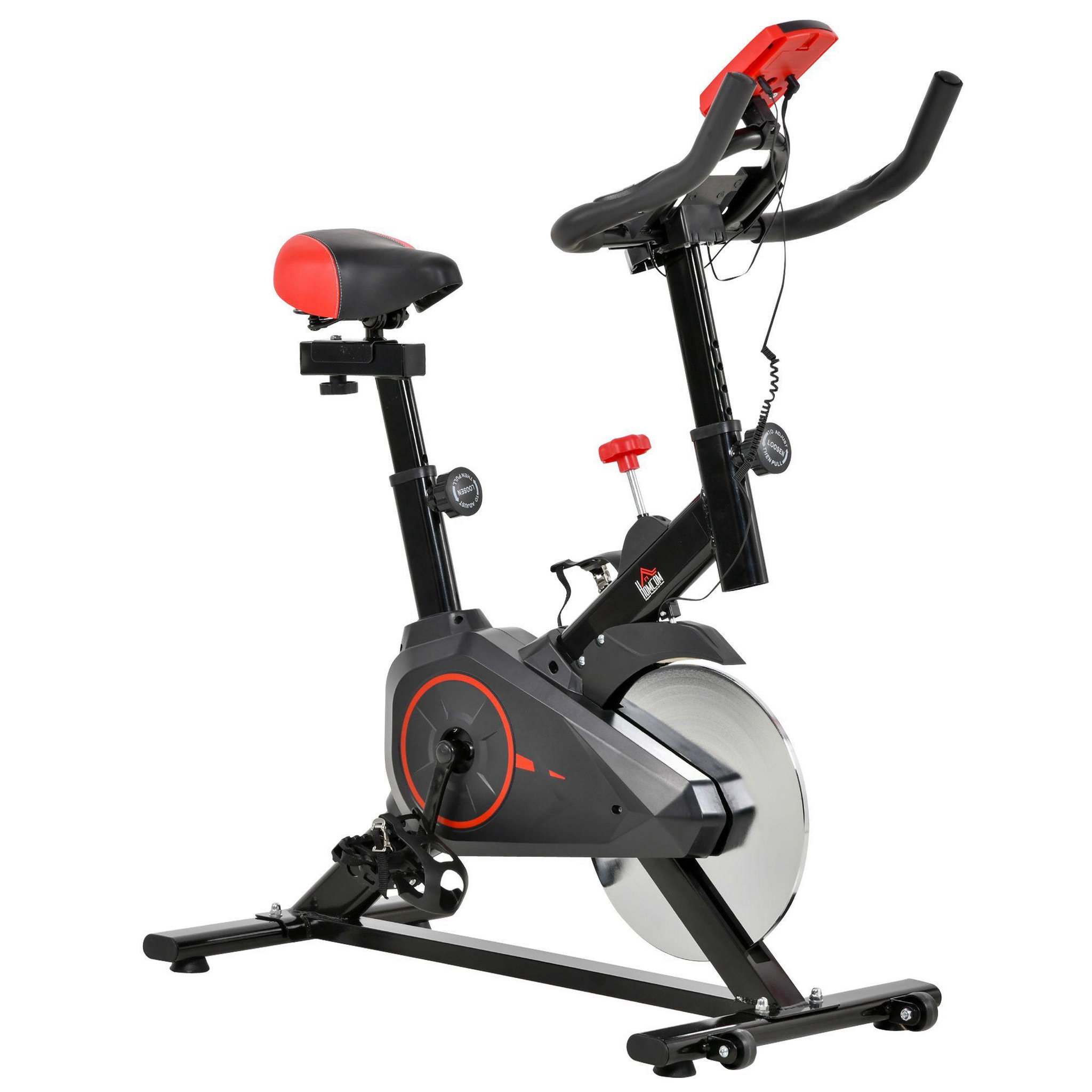 Voir la diapositive 1 : HOMCOM Vélo d'appartement avec écran LCD multifonctions vélo biking cardio training selle et guidon réglables volant inertie 6 Kg acier noir rouge