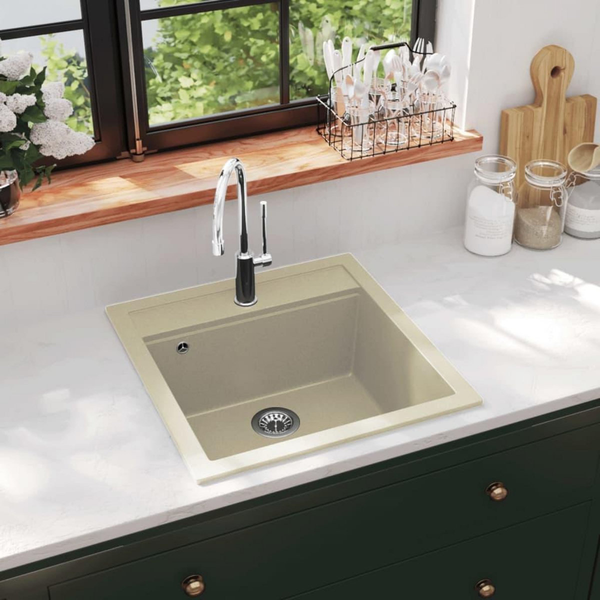 VIDAXL Evier de cuisine Granit Seul lavabo Beige
