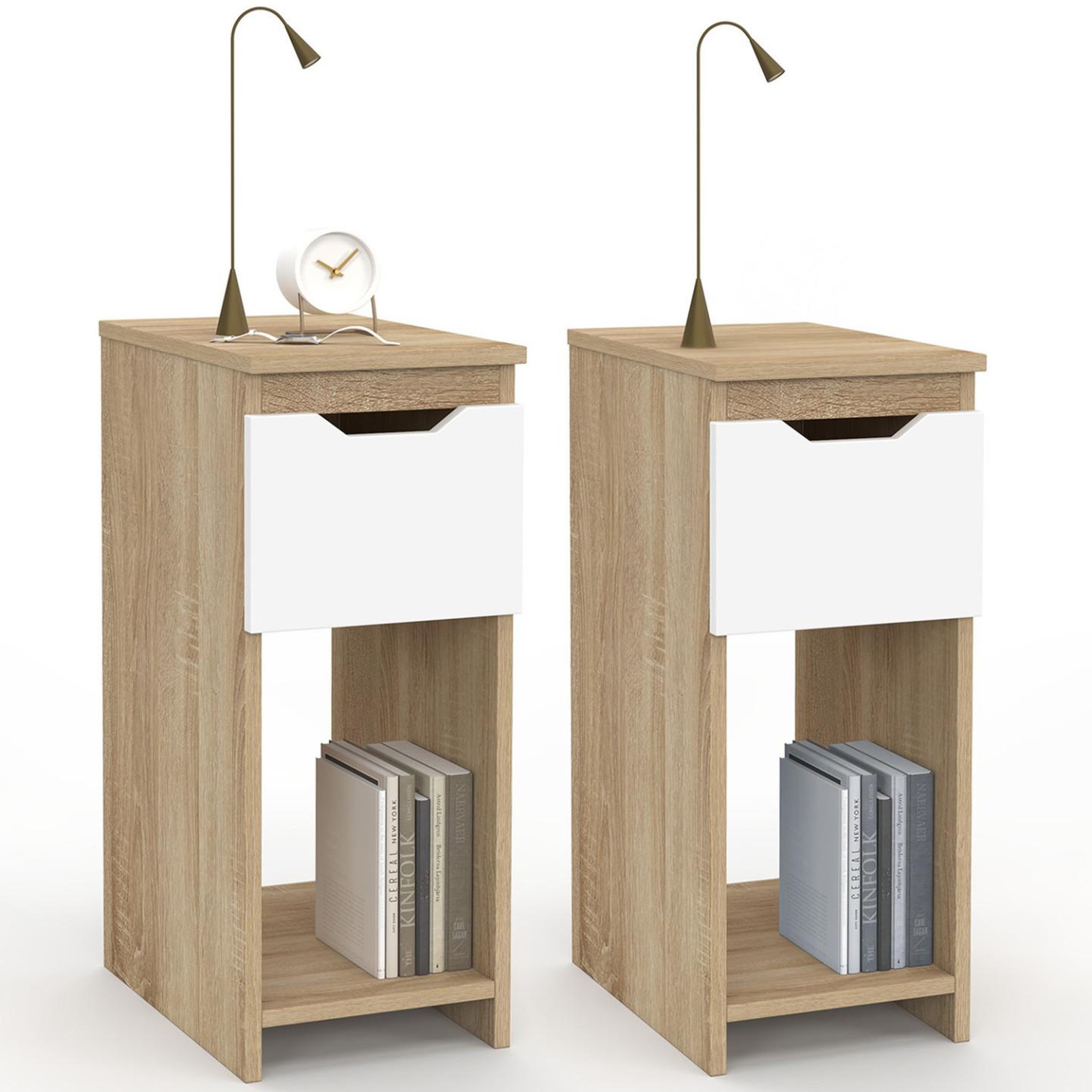 Voir la diapositive 1 : ID MARKET Lot de 2 tables de chevet étroites ANOUK 1 tiroir avec niche bois façon hêtre et blanc