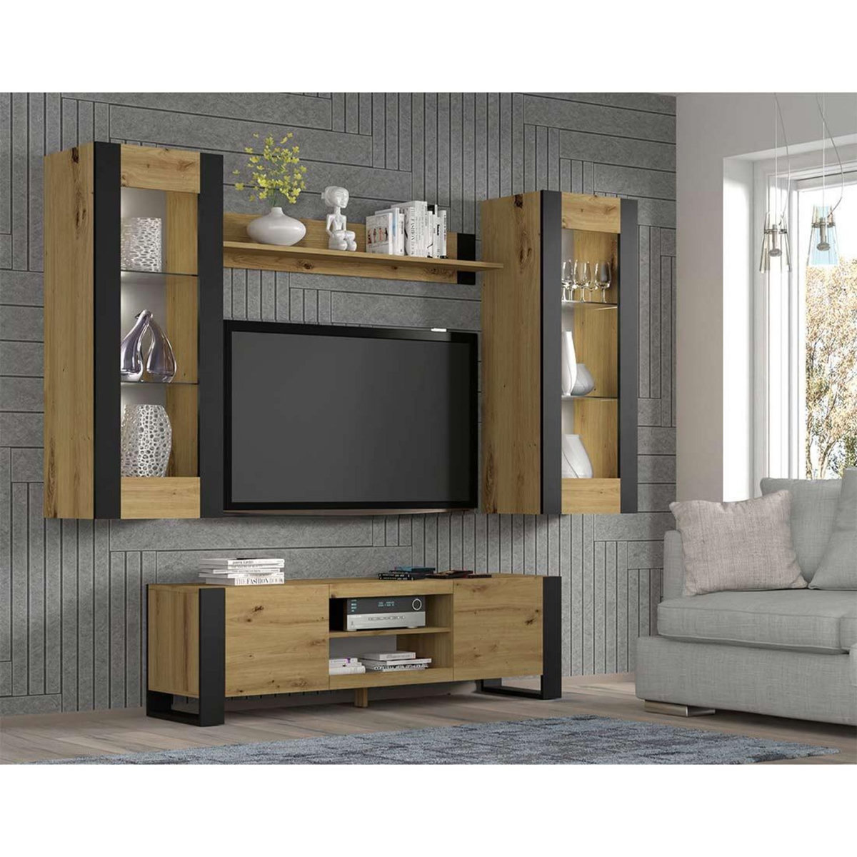 BEST MOBILIER Pedro - vitrine suspendue - effet bois et noir - 125 cm